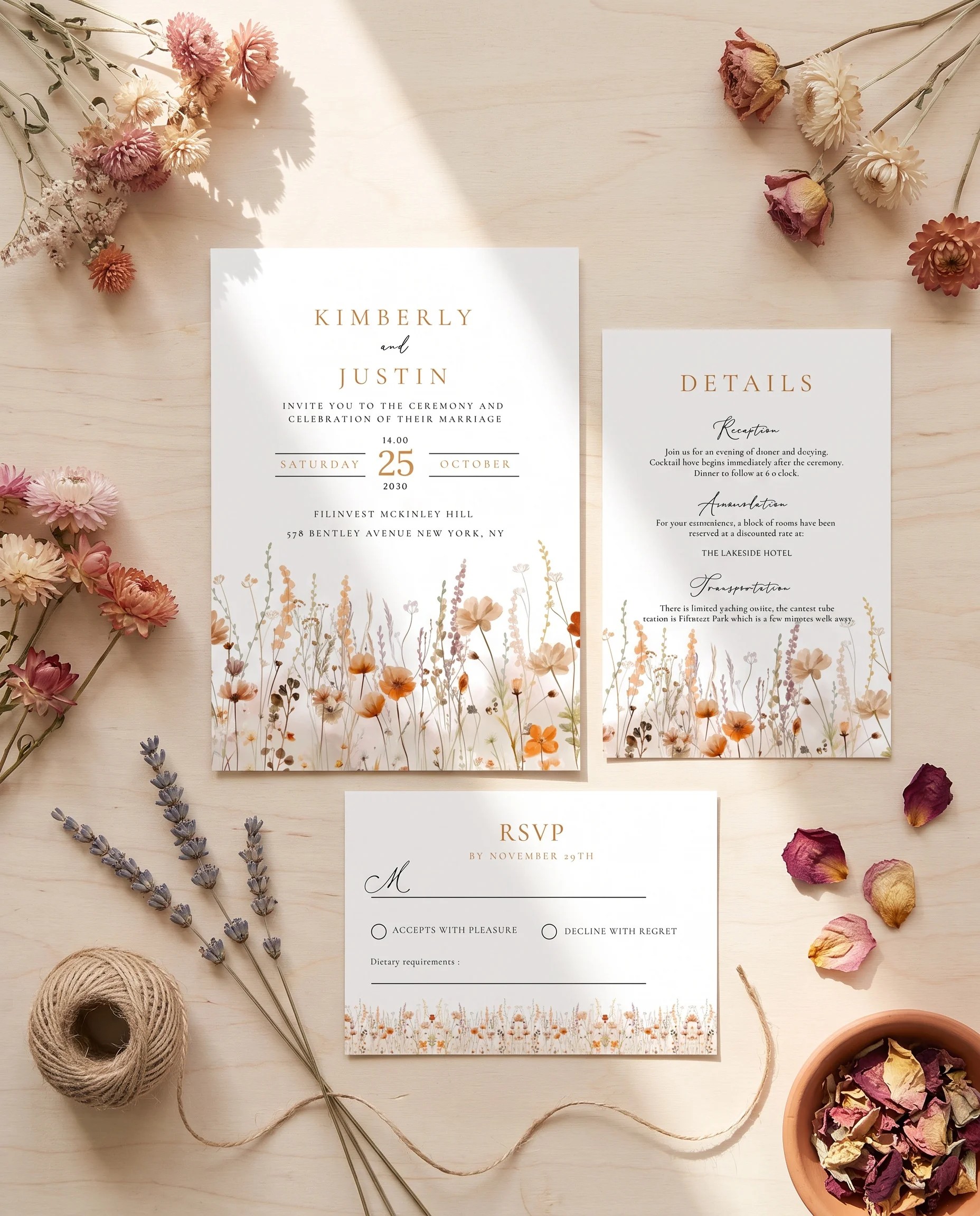 Amber Meadow wedding invitation set — Invitation, details, RSVP, Editable wedding templates