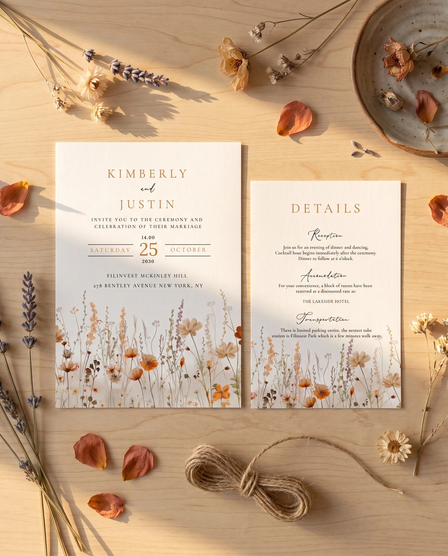 Amber Meadow wedding invitation suite — invitation and details card arranged together in a flat lay under soft natural light, wedding details card.