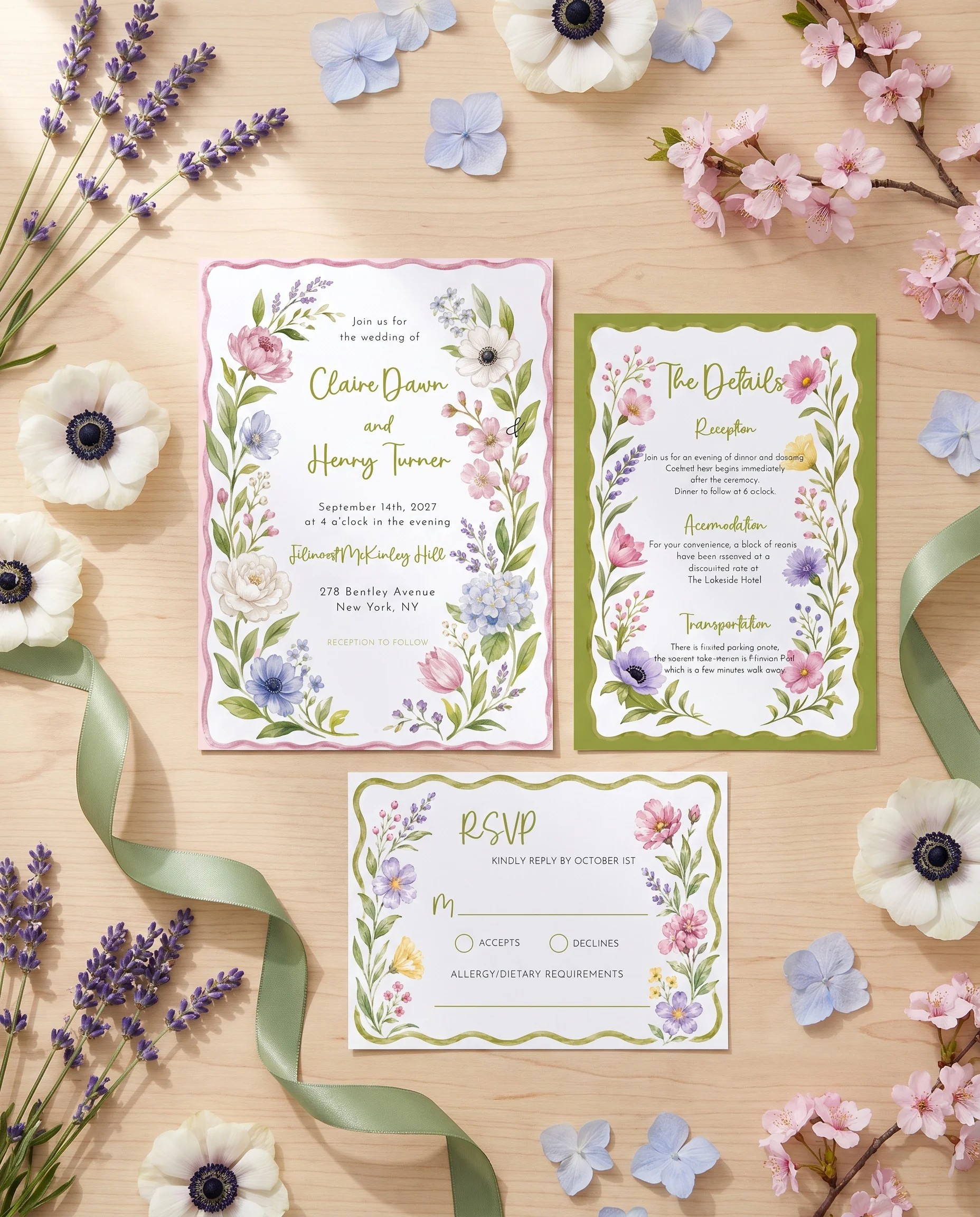 Anemone Toast wedding invitation set — Invitation, details card and RSVP card shown in a flat lay, printable wedding invitations