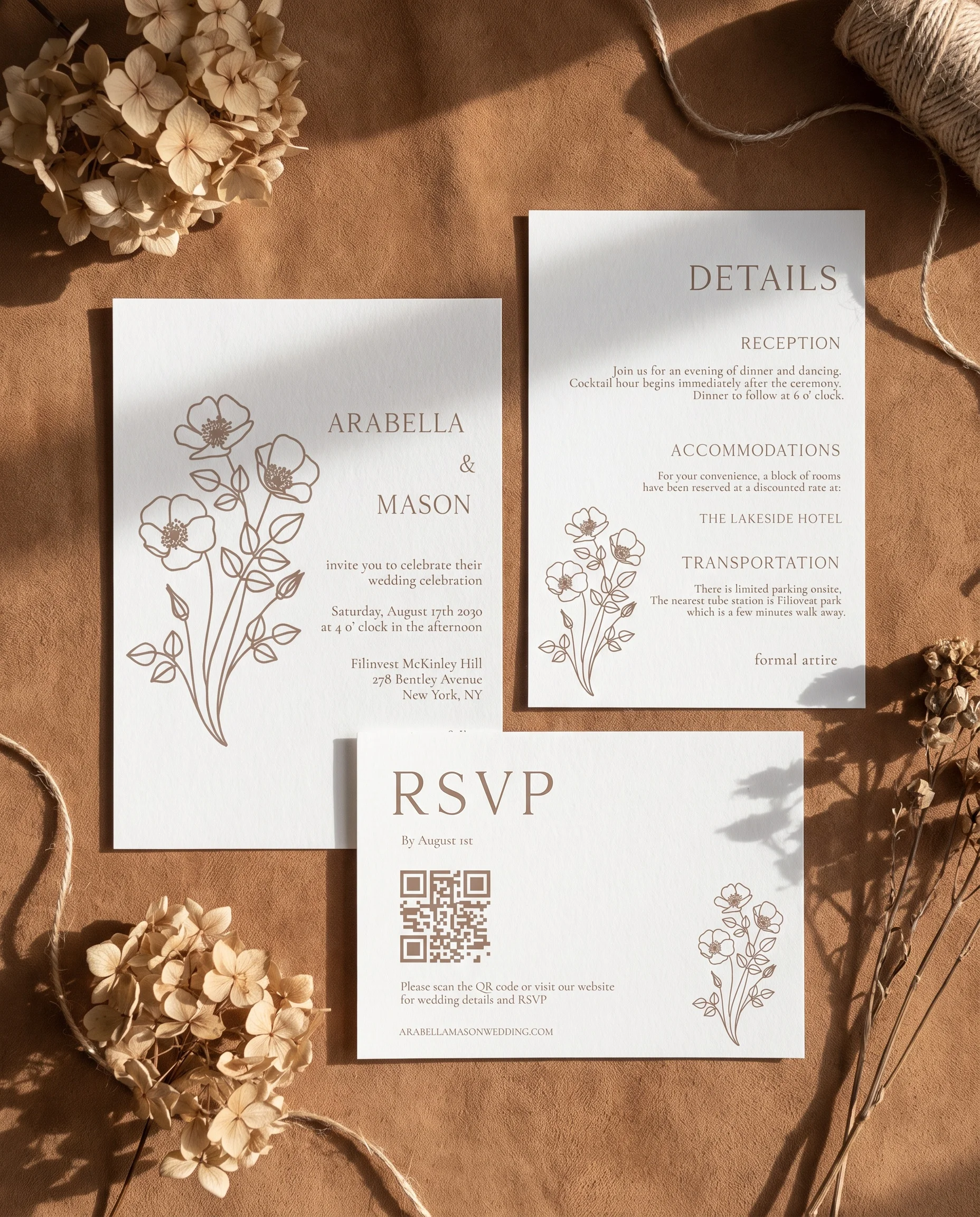 Anemora wedding invitation suite — invitation, details card and RSVP arranged together in soft natural light, wedding invitation templates.