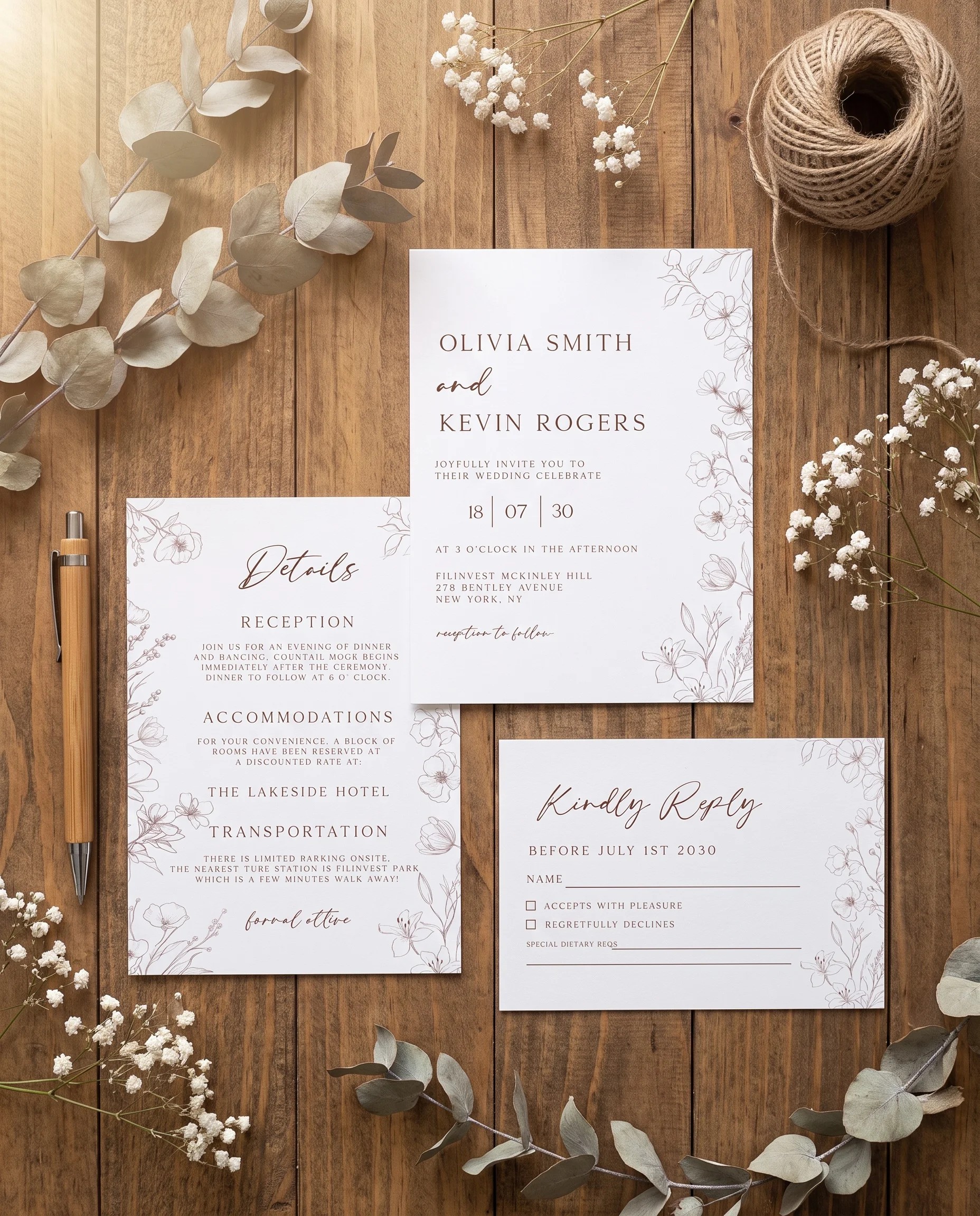 Arrow Bloom wedding invitation set — invitation, details card and RSVP shown in a flat lay, printable wedding invitations.