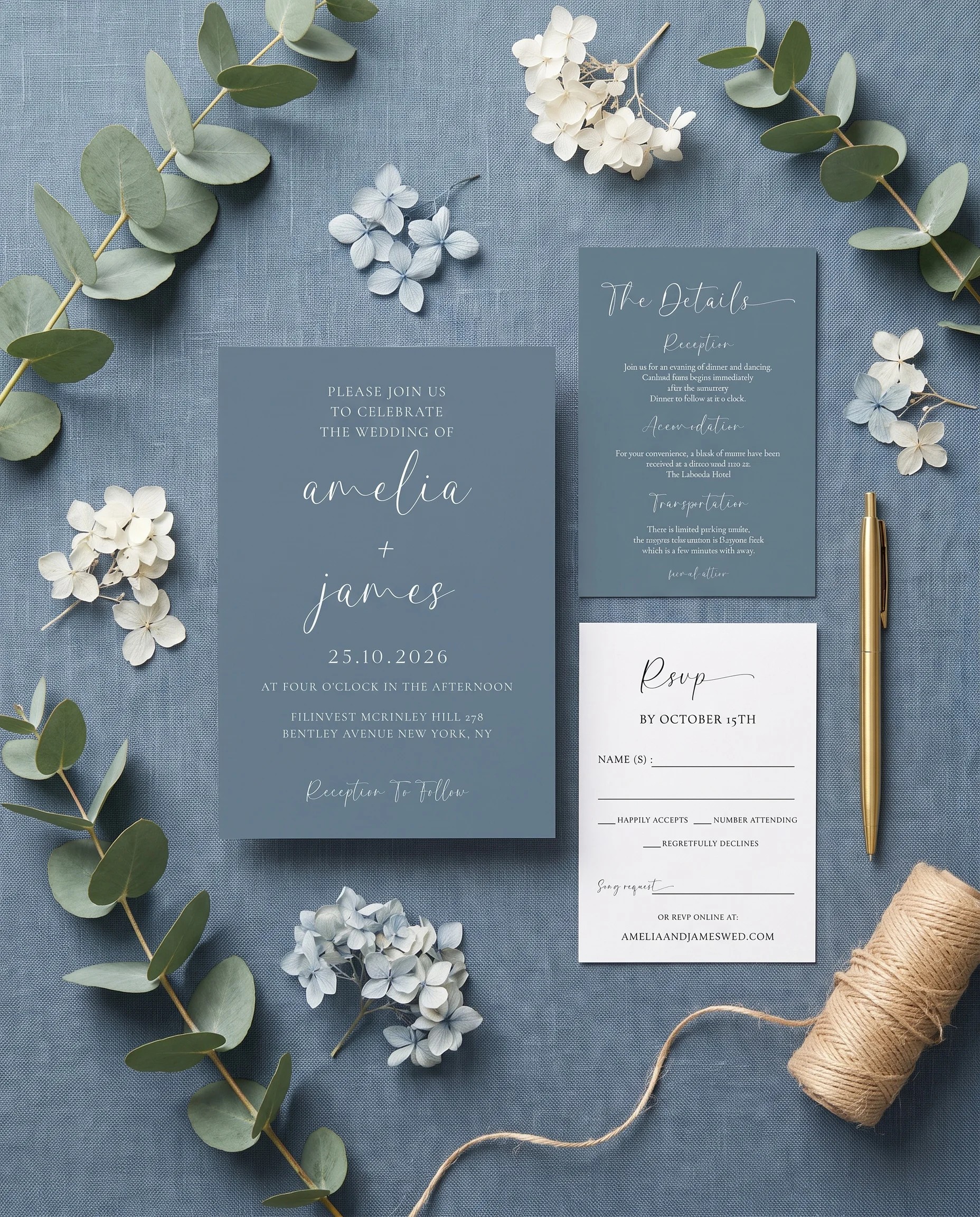 Arrow Crest wedding invitation set — Invitation, details card and RSVP card shown in a flat lay, printable wedding invitations