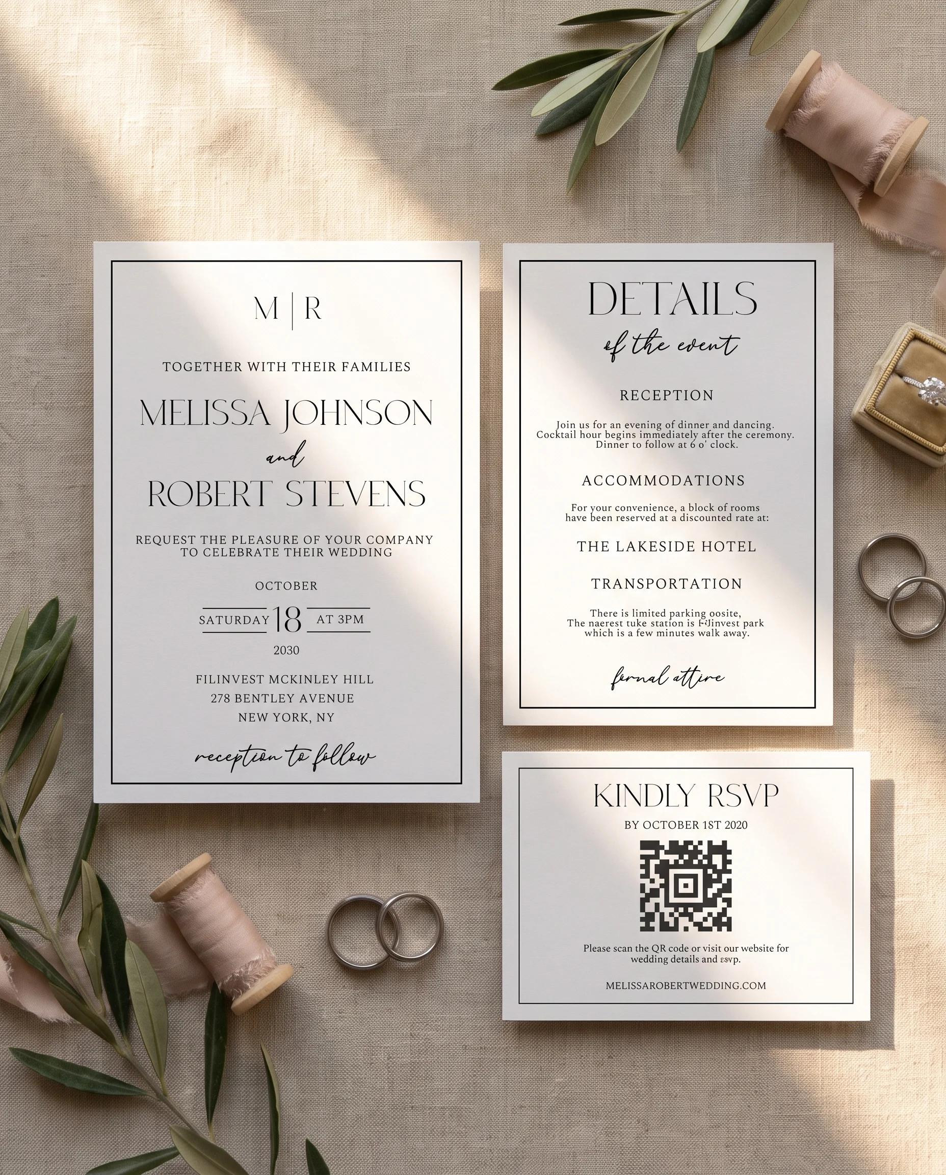 Aurelian wedding invitation suite — invitation, details card and RSVP arranged in an overhead flat lay on editorial paper, wedding invitation templates.