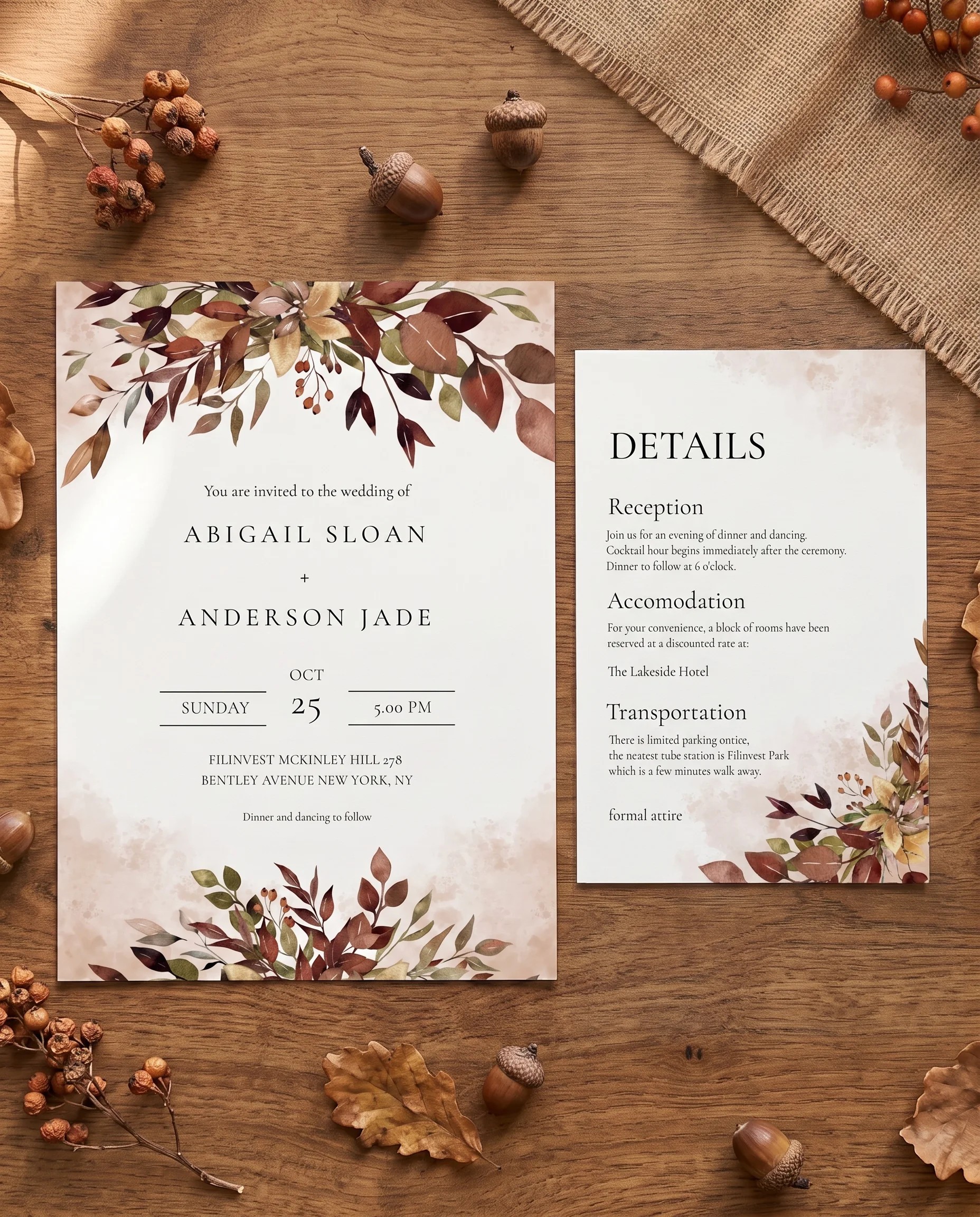 Autumn Bough wedding invitation suite — invitation and details card arranged together in a flat lay, wedding details card.