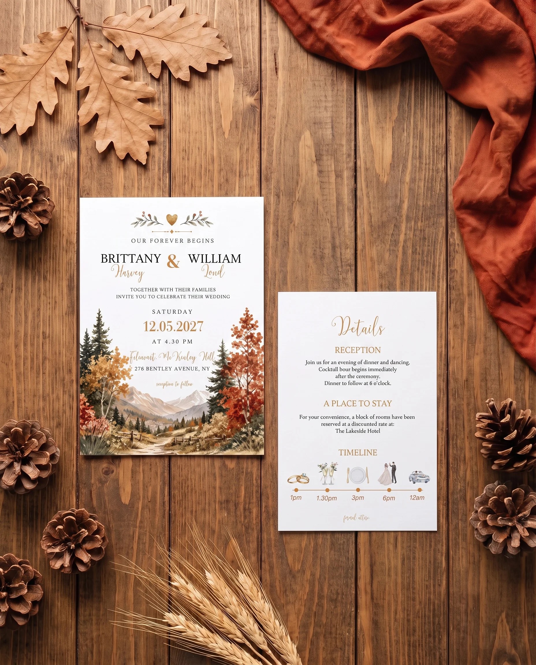 Autumn Vale wedding invitation suite — invitation and details card shown in a flat lay, wedding details card.