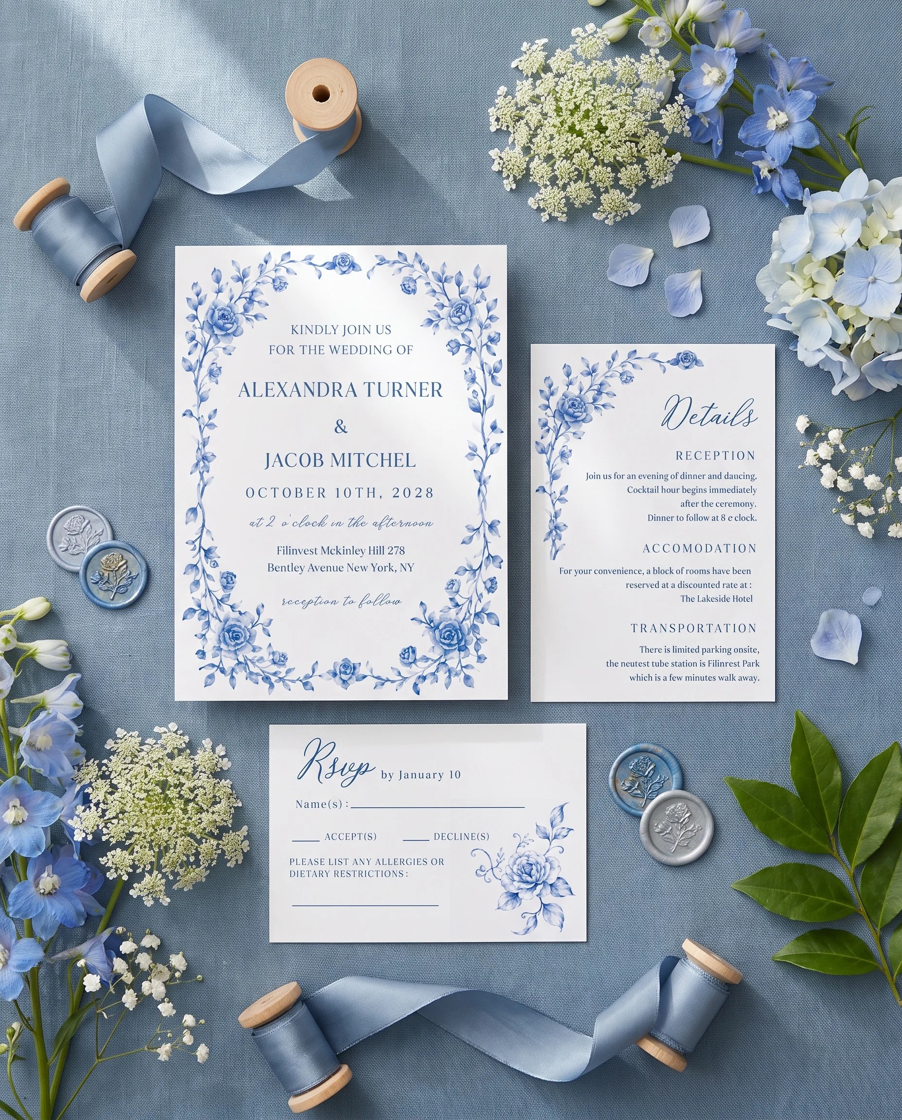 Blue Heron wedding invitation set — Invitation, details card and RSVP card shown in a flat lay, printable wedding invitations
