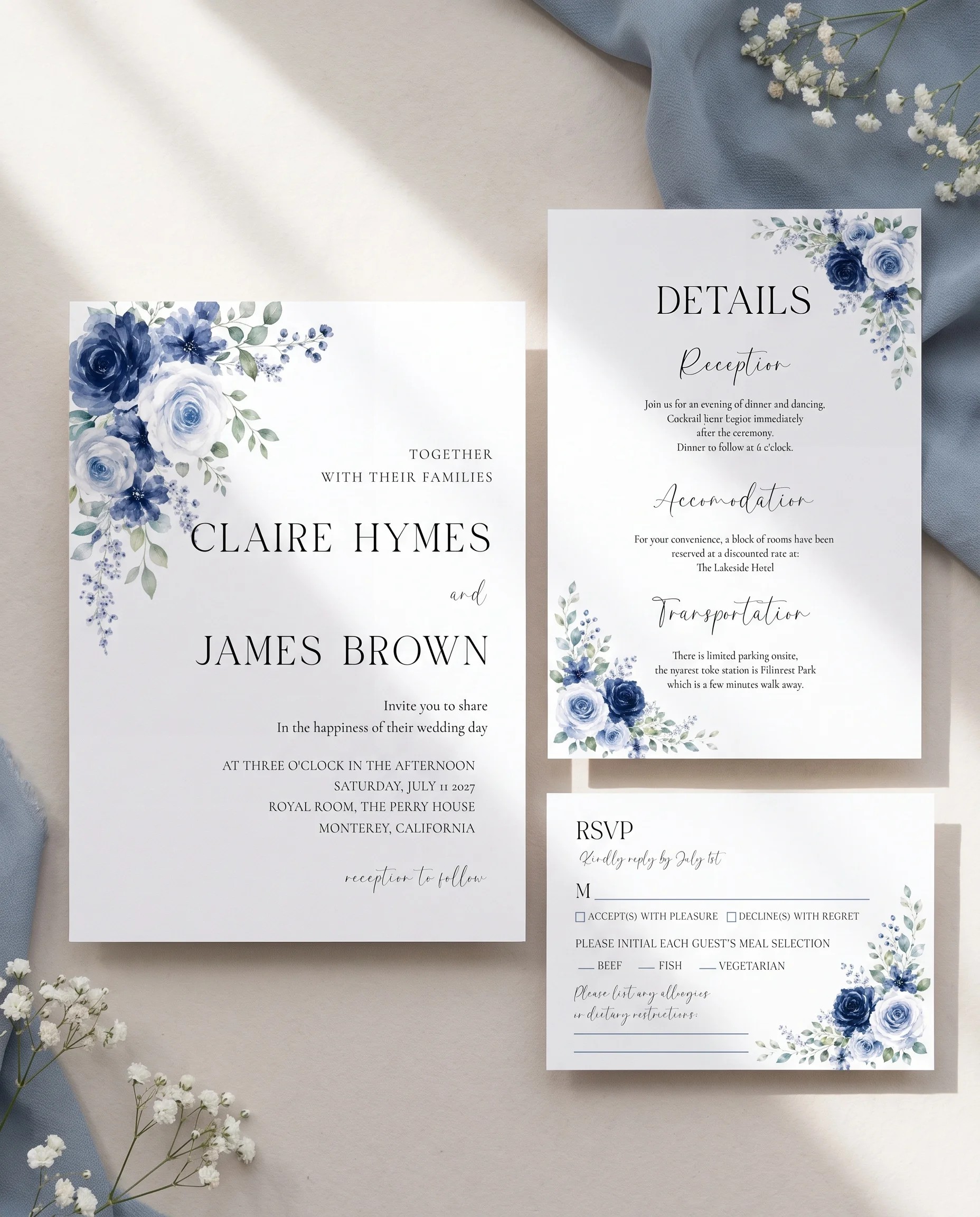 Bluebloom wedding invitation set — Invitation, details card and RSVP card shown in a flat lay, printable wedding invitations