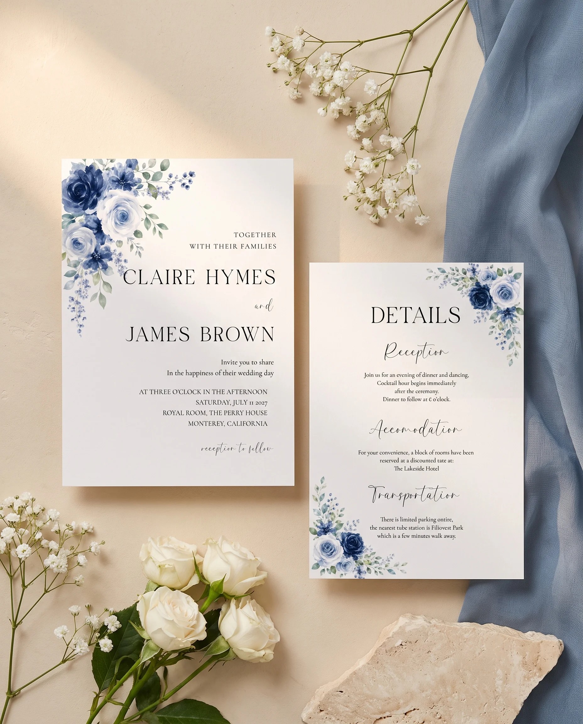 Bluebloom wedding invitation suite — invitation and details card shown in a flat lay under soft natural light, wedding details card.