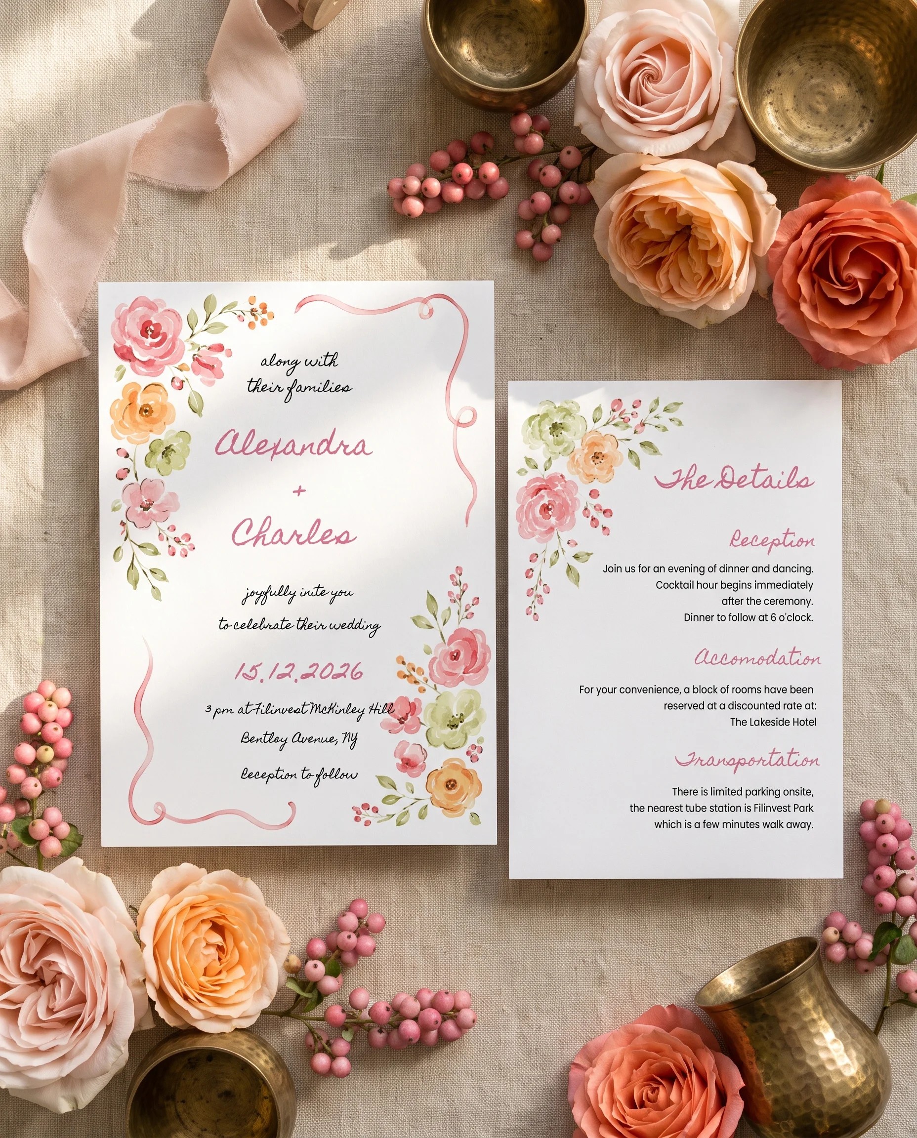Blush Garland wedding invitation suite — invitation and details card shown in a flat lay, wedding details card.