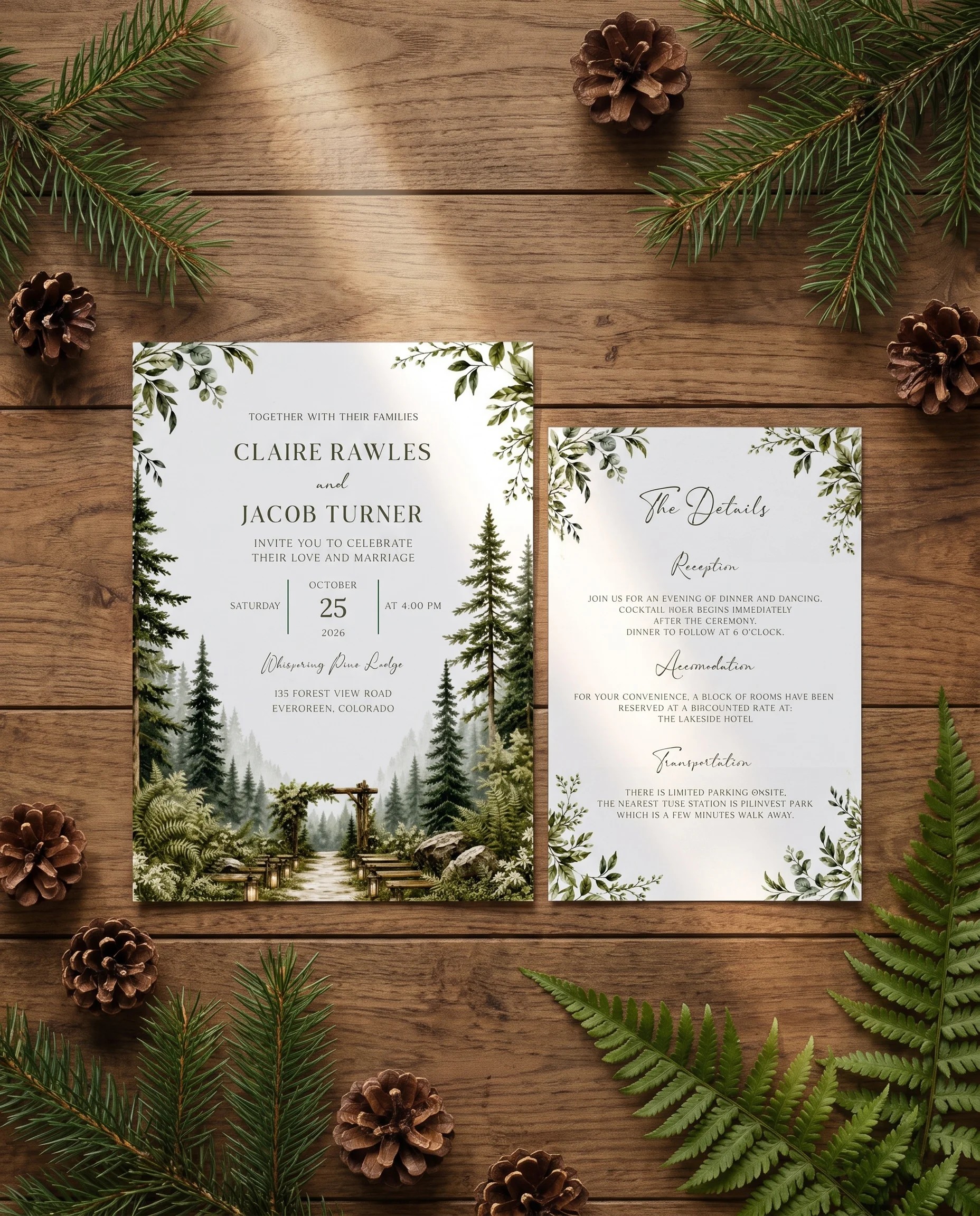 Canopy Grove wedding invitation suite — invitation and details card shown in a flat lay, wedding details card.