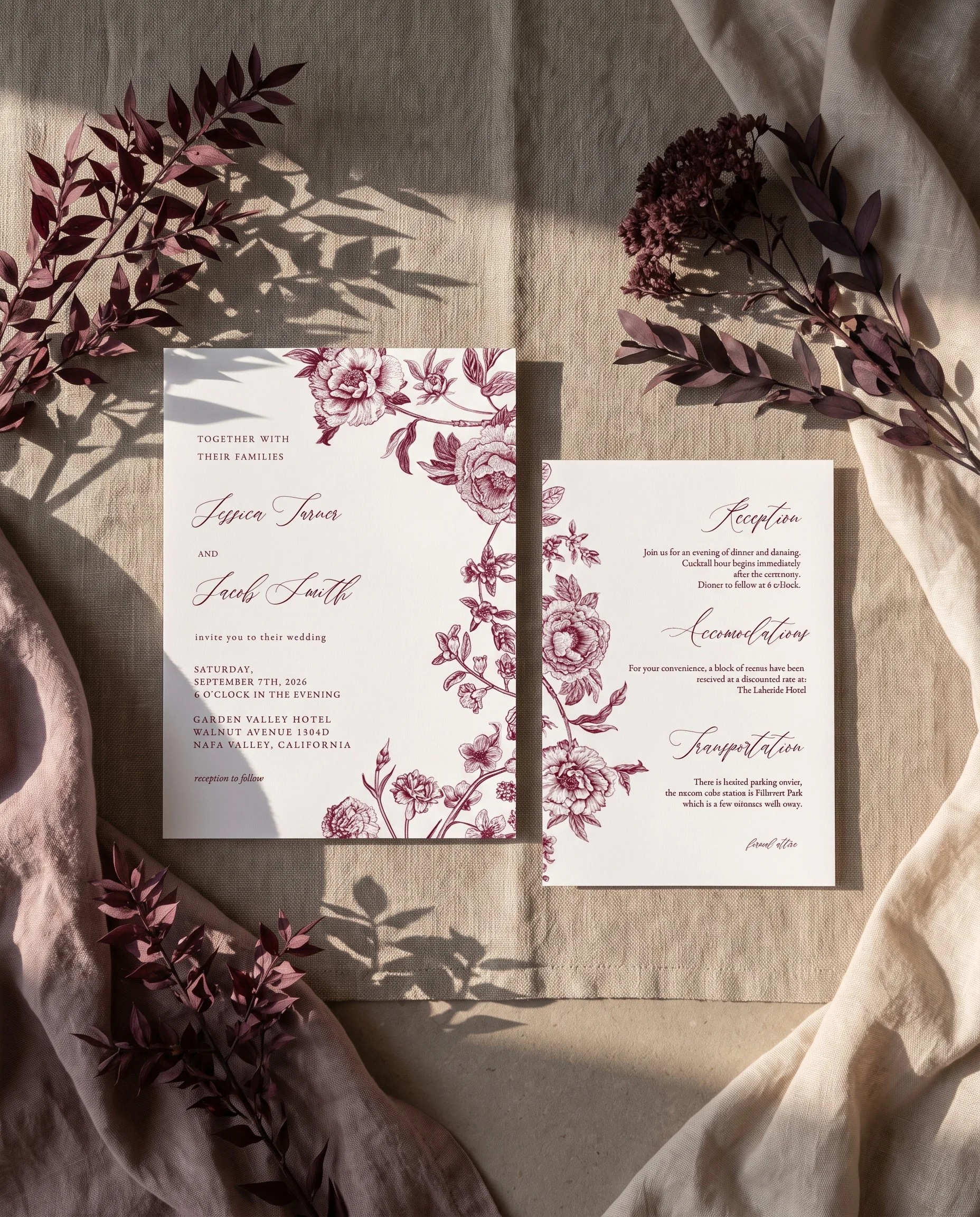 Chantilly wedding invitation suite — invitation and details card shown in a flat lay, wedding details card.