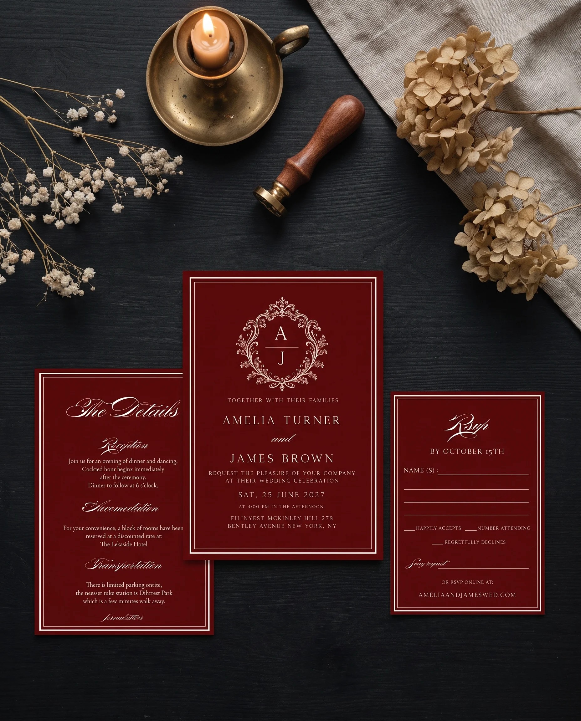 Claret Filigree wedding invitation set — Invitation, details card and RSVP card shown in a flat lay, printable wedding invitations