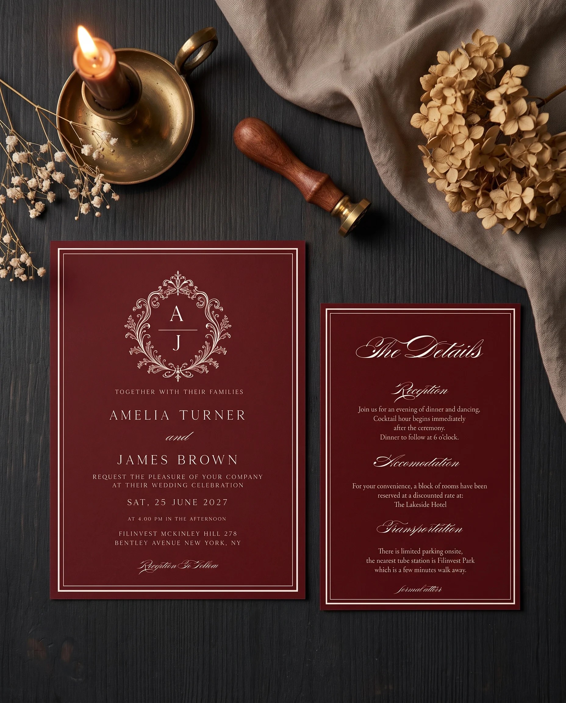 Claret Filigree wedding invitation suite — invitation and details card shown in a flat lay, wedding details card.