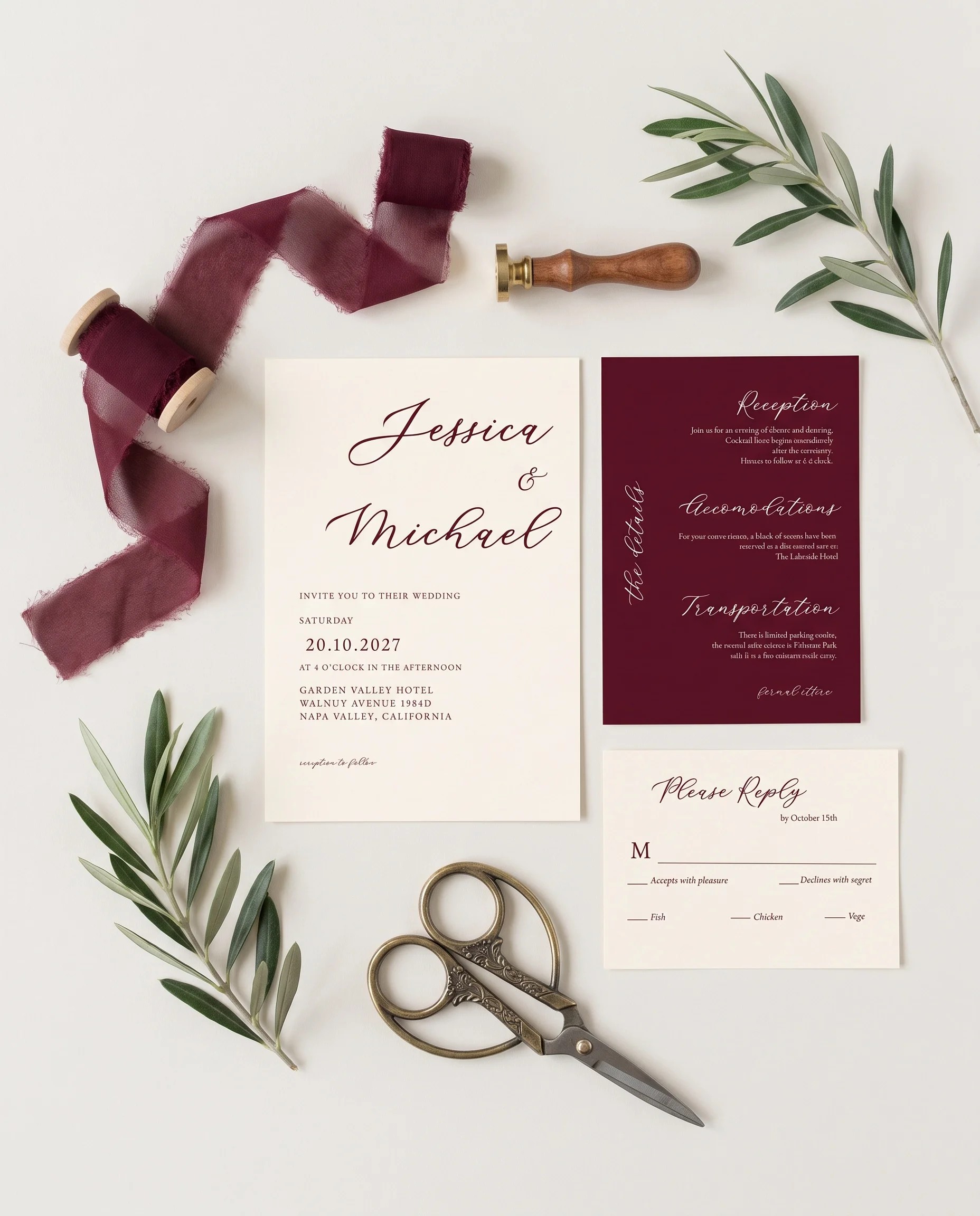 Claret Vine wedding invitation set — Invitation, details card and RSVP card shown in a flat lay, printable wedding invitations