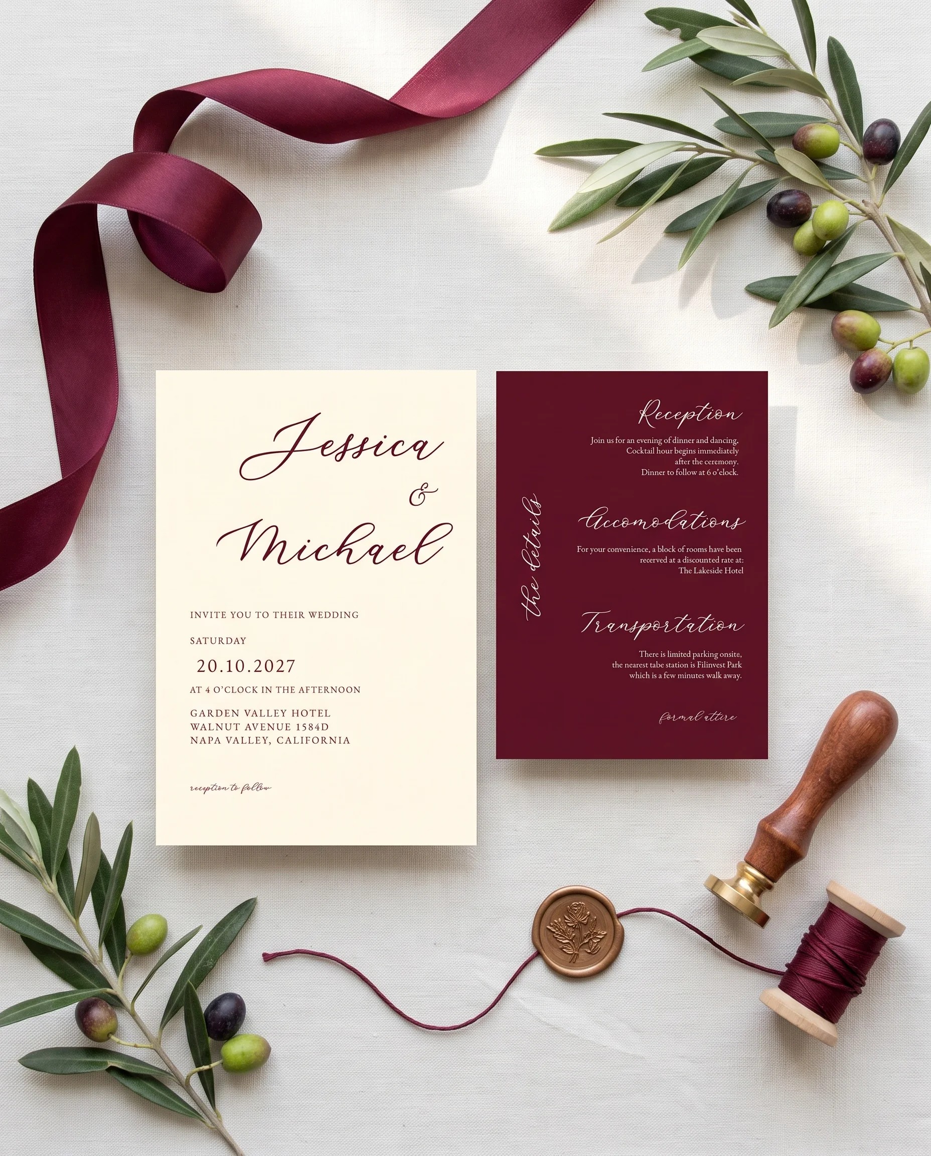 Claret Vine wedding invitation suite — invitation and details card shown in a flat lay under soft natural light, wedding details card