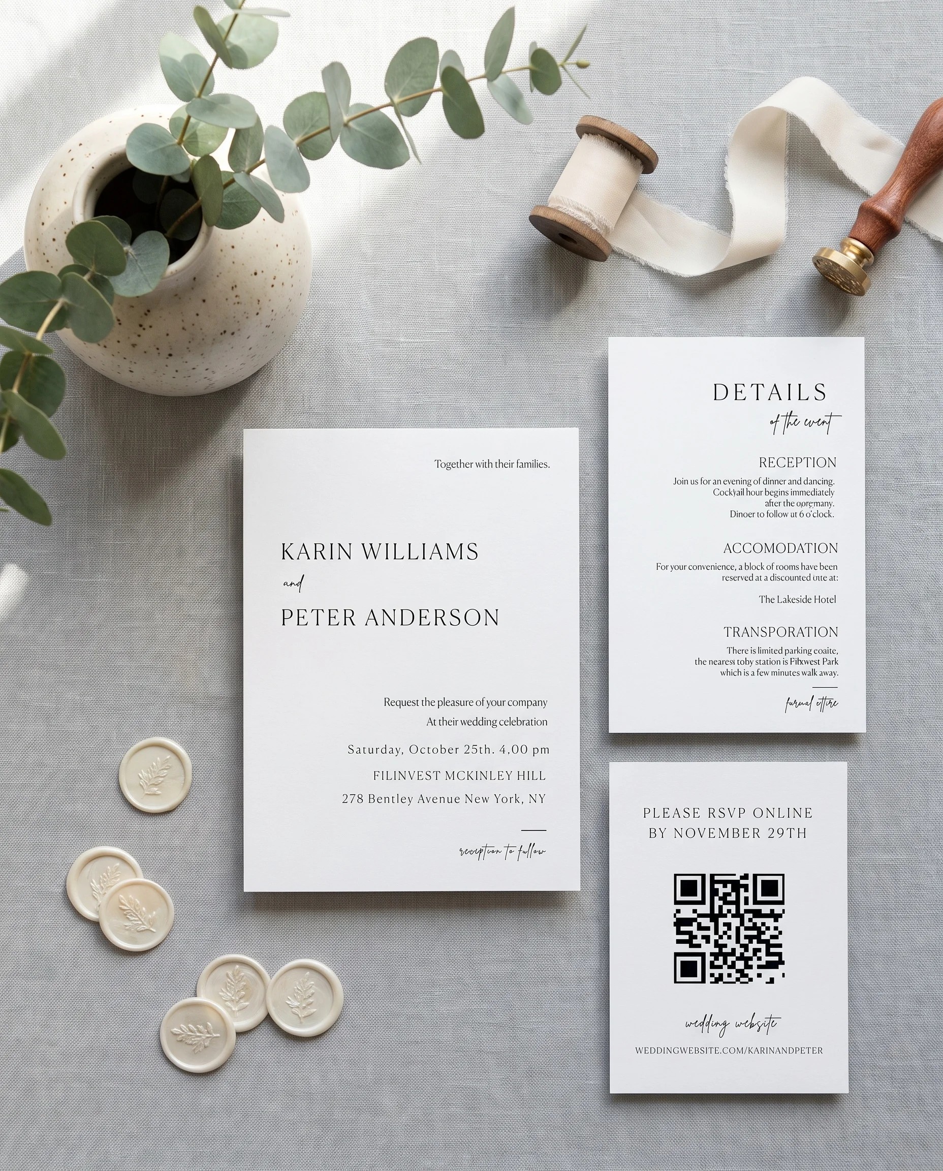 Contour wedding invitation set — invitation, details card, and RSVP card shown flat, printable wedding templates.