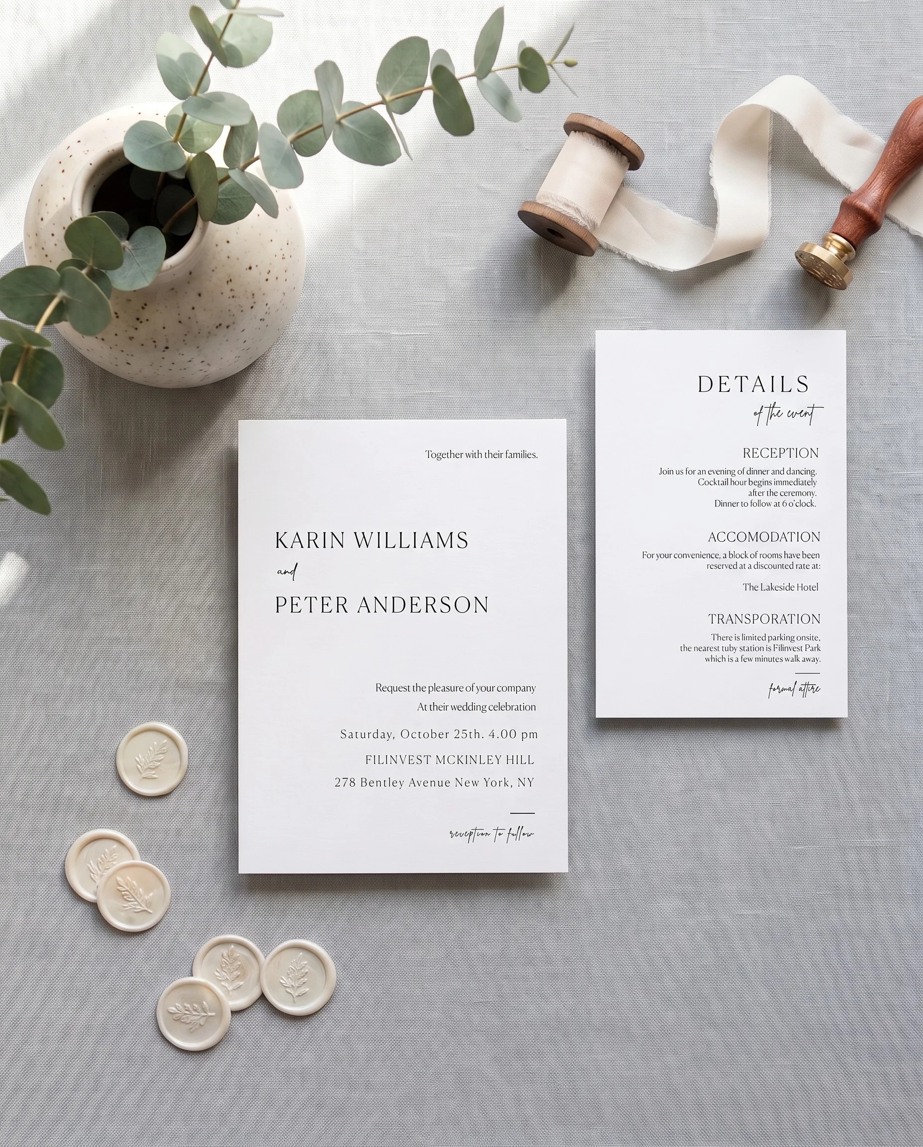 Contour wedding invitation suite — invitation and details card shown in a flat lay on premium editorial paper, wedding details card.
