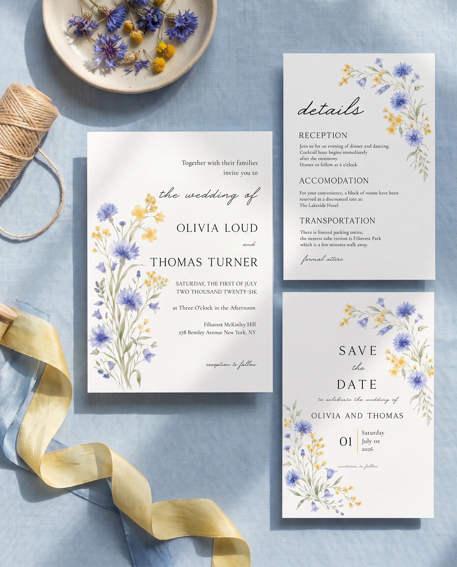 Cornflower wedding invitation set — Invitation, details card and RSVP card shown in a flat lay, printable wedding invitations