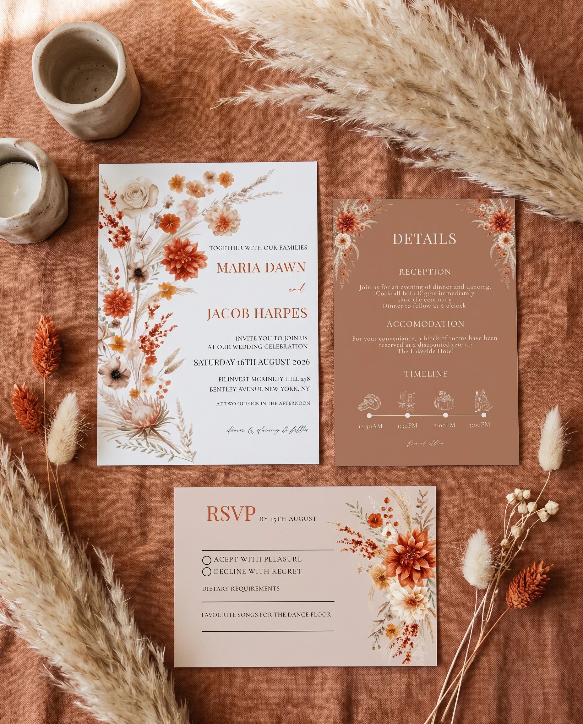 Dahlia Ember wedding invitation set — Invitation, details card and RSVP card shown in a flat lay, printable wedding invitations