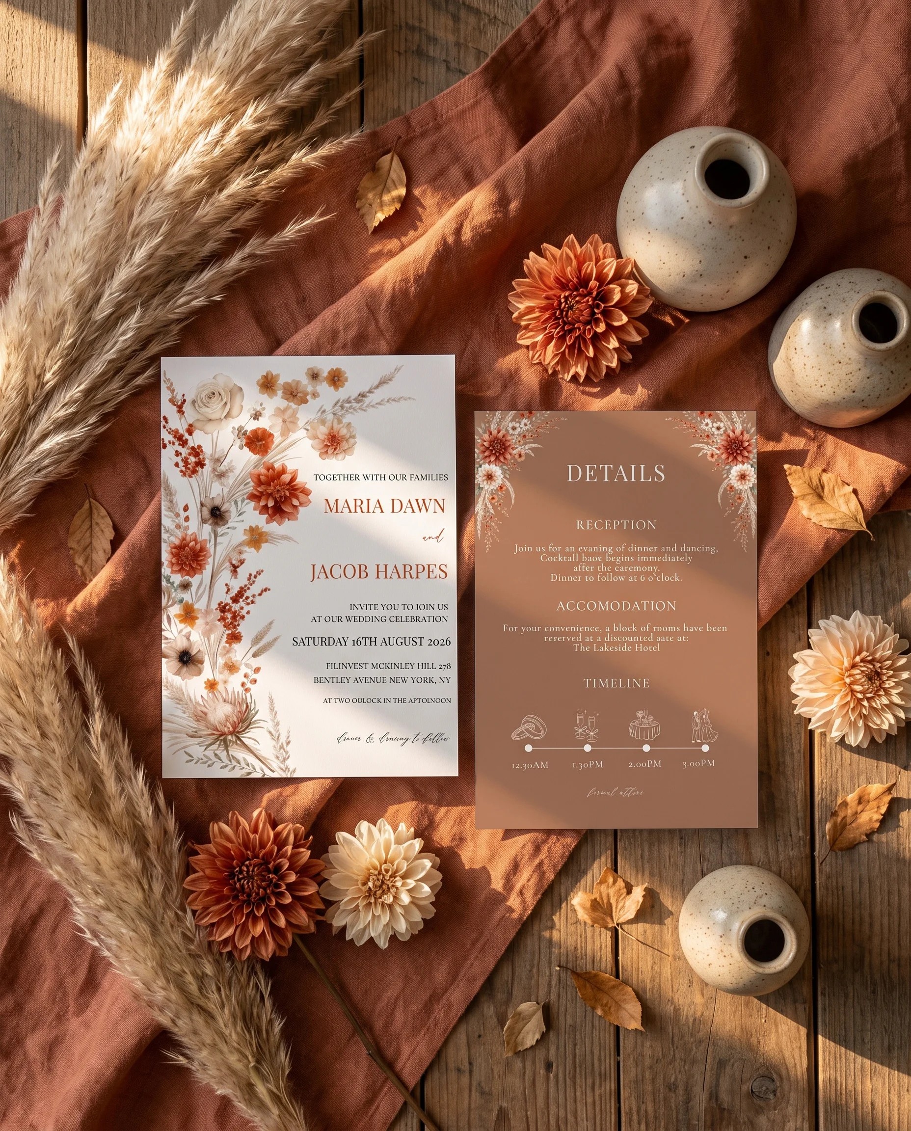 Dahlia Ember wedding invitation suite — invitation and details card shown in a flat lay, wedding details card.