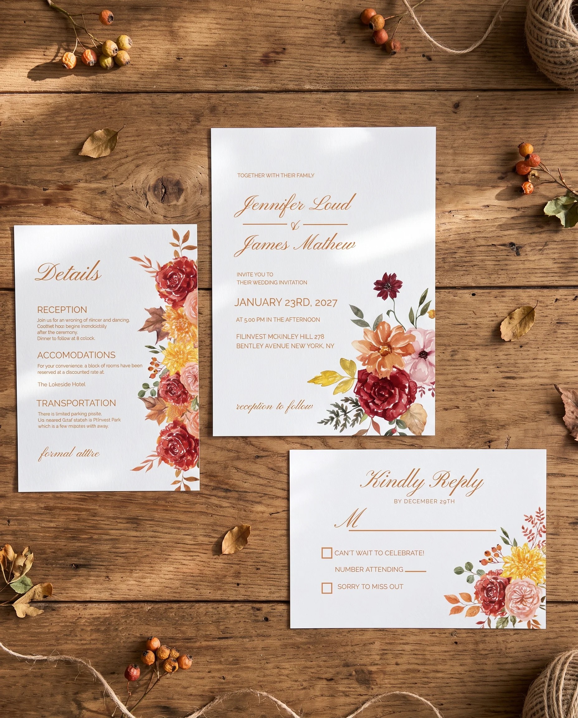 Ember Bloom wedding invitation set — invitation, details card, and RSVP card, printable wedding templates