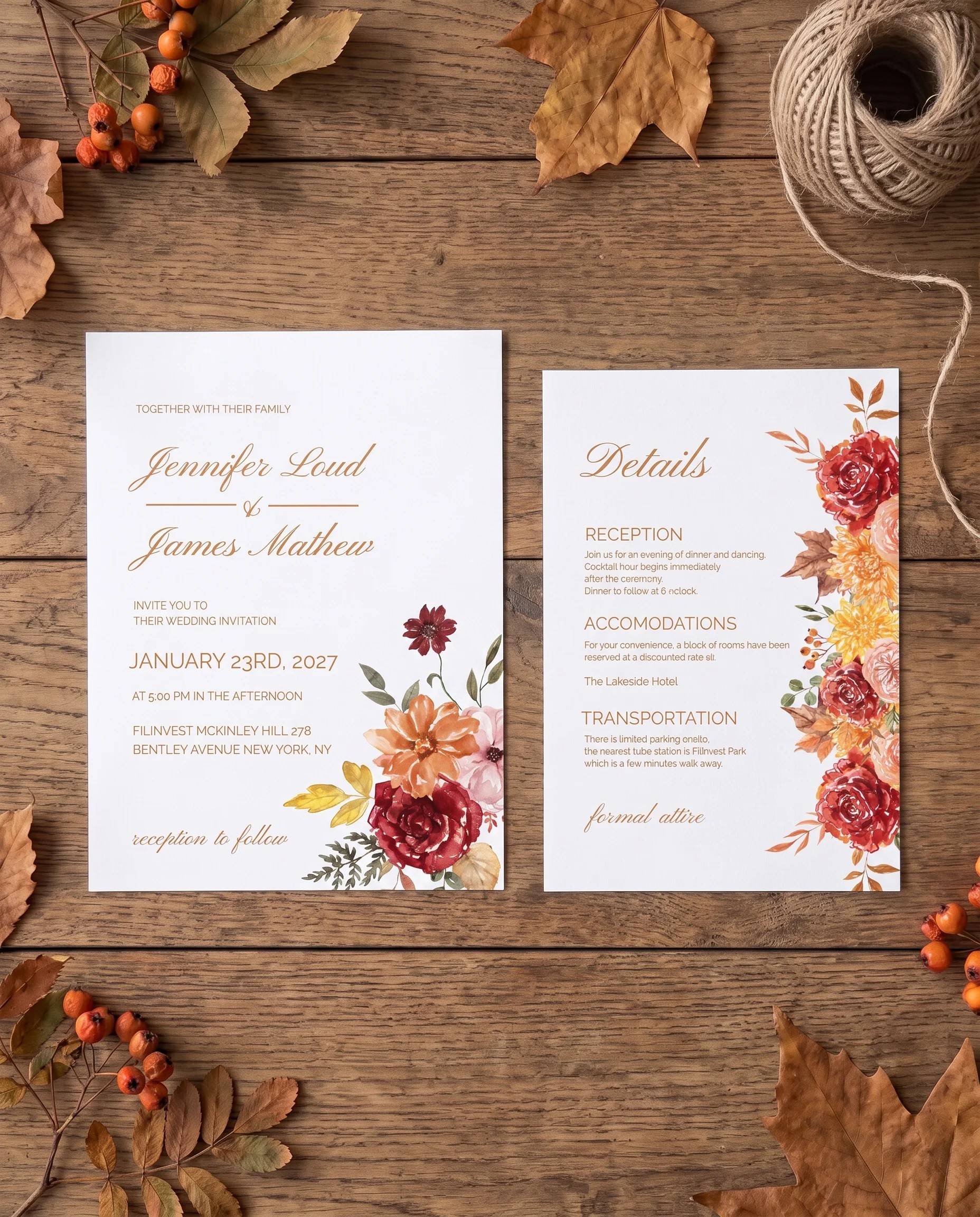 Ember Bloom wedding invitation suite — invitation and details card shown in a flat lay under soft natural light, wedding details card.