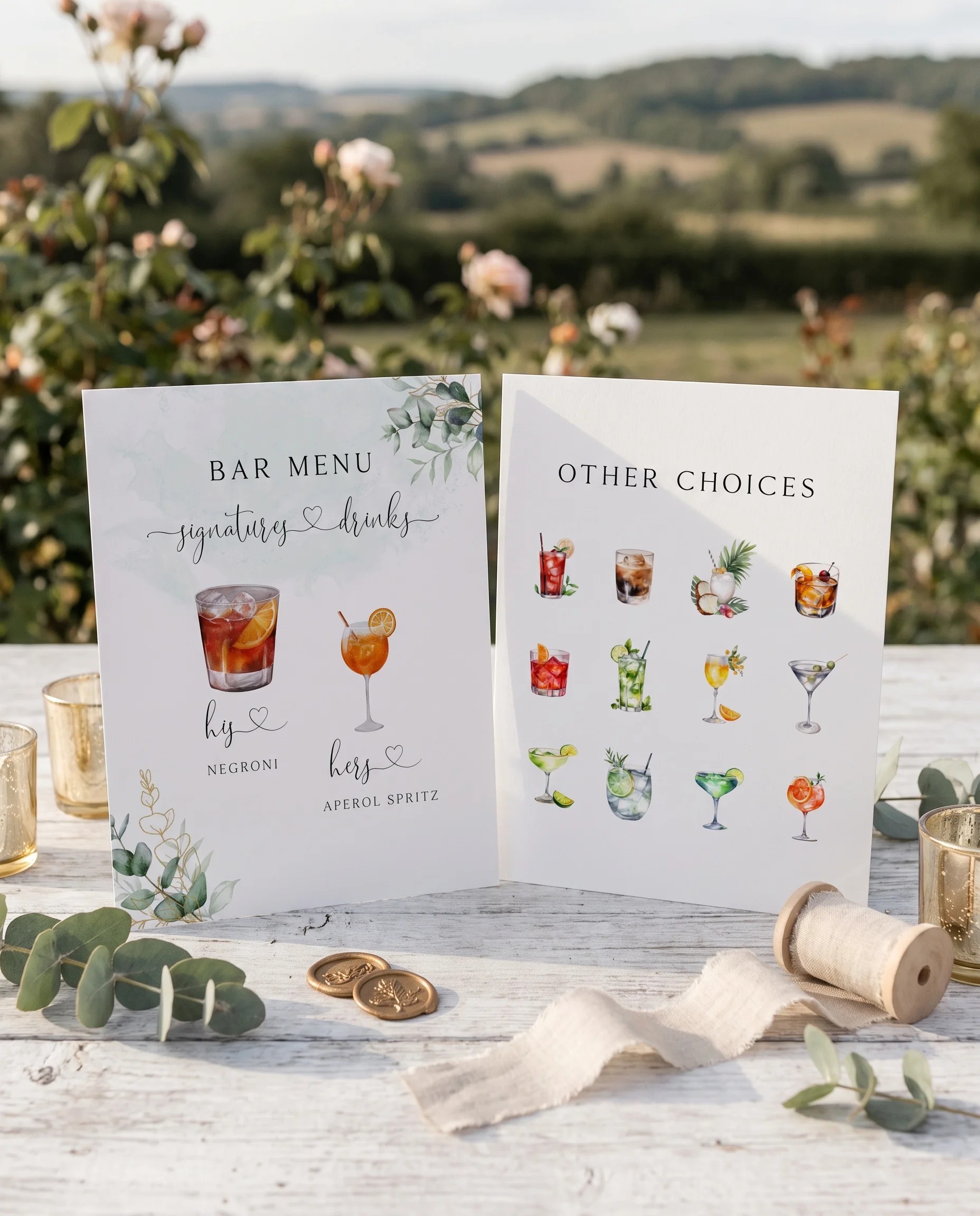 Eucalyptus Gold — bar menu displayed upright on premium editorial paper under soft natural light, wedding bar sign.