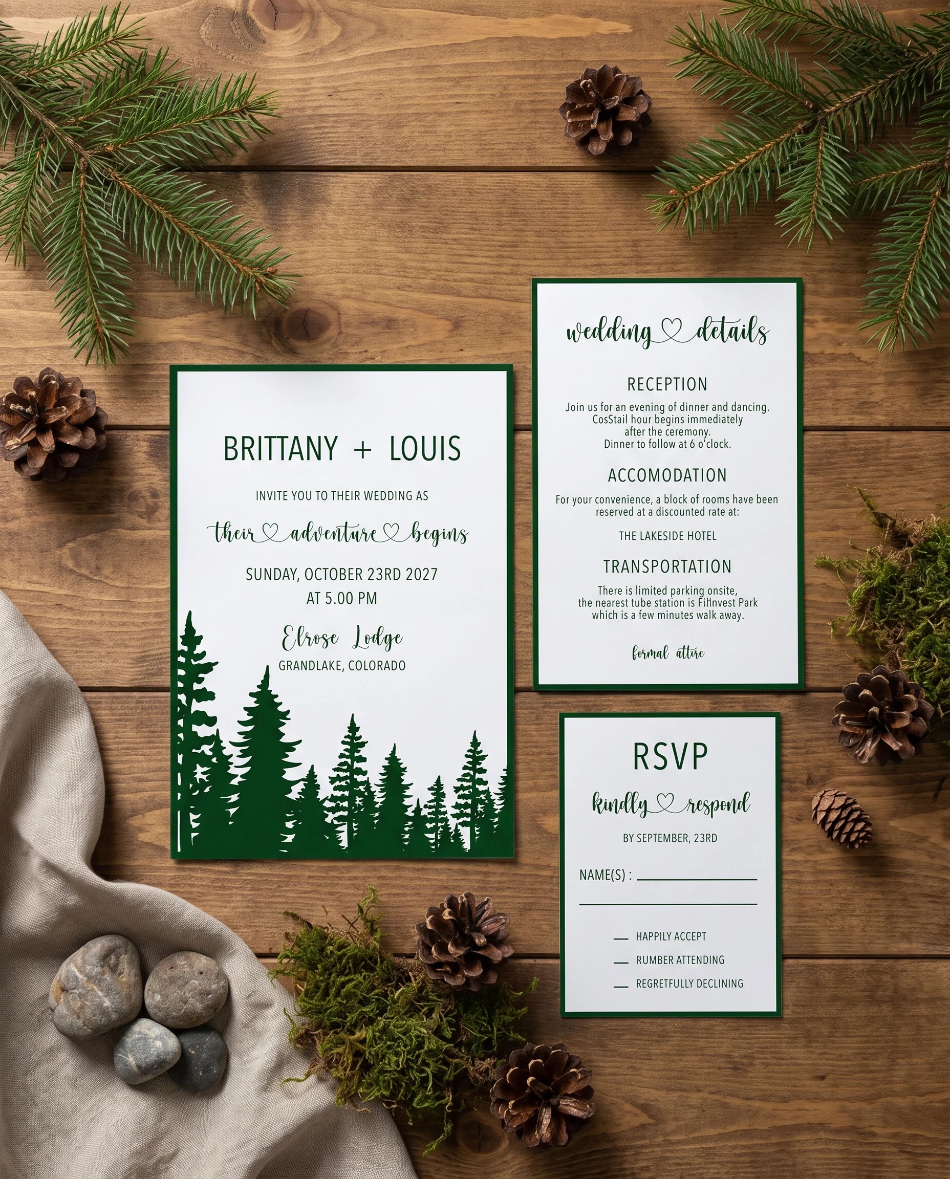 Evergreen Star wedding invitation set — invitation, details card and RSVP shown in a flat lay, printable wedding invitations.