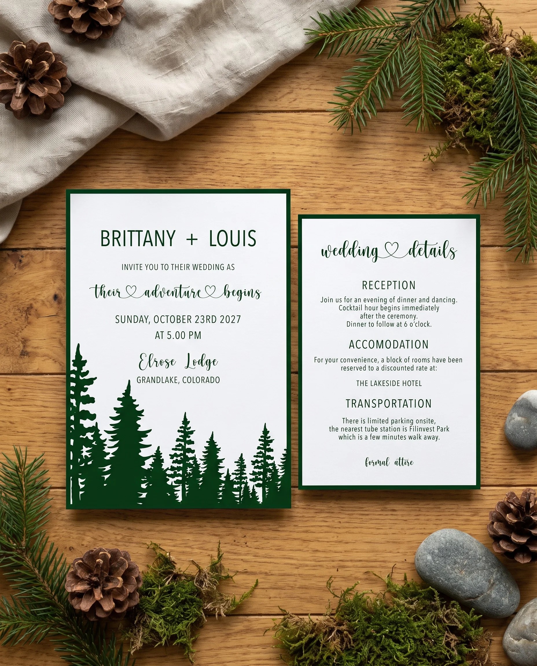 Evergreen Star wedding invitation suite — invitation and details card shown in a flat lay, wedding details card.