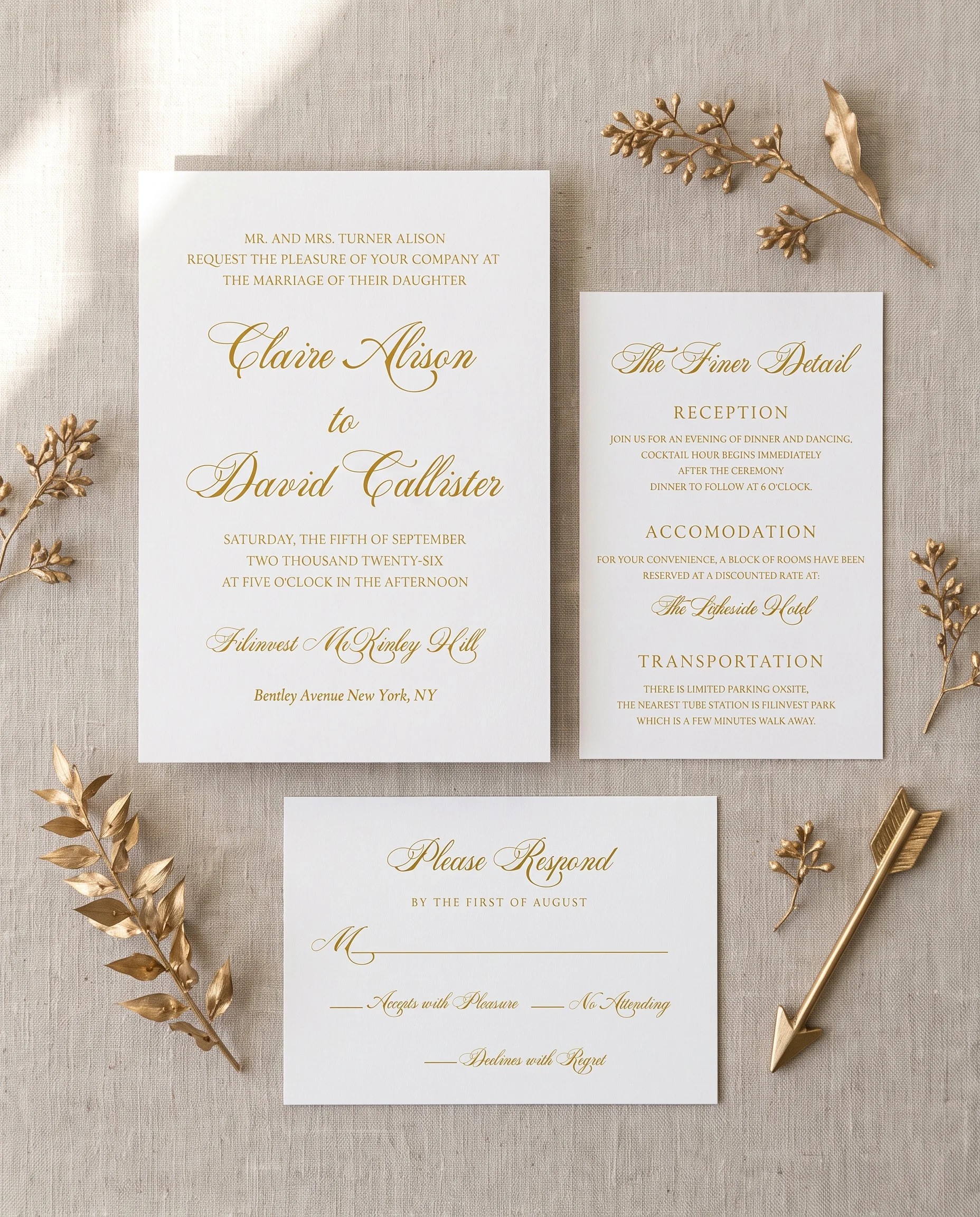 Gilded Arrow wedding invitation set — Invitation, details card and RSVP card shown in a flat lay, printable wedding invitations