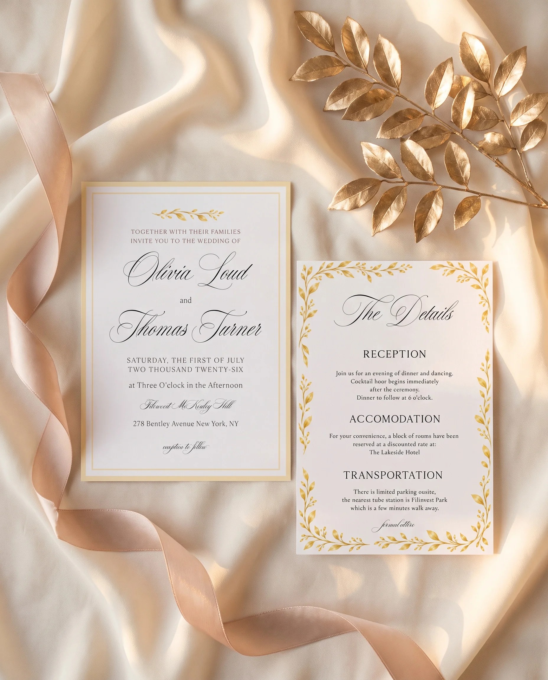 Gilded Bough wedding invitation suite — invitation and details card arranged side by side in a soft-lit flat lay, wedding details card.