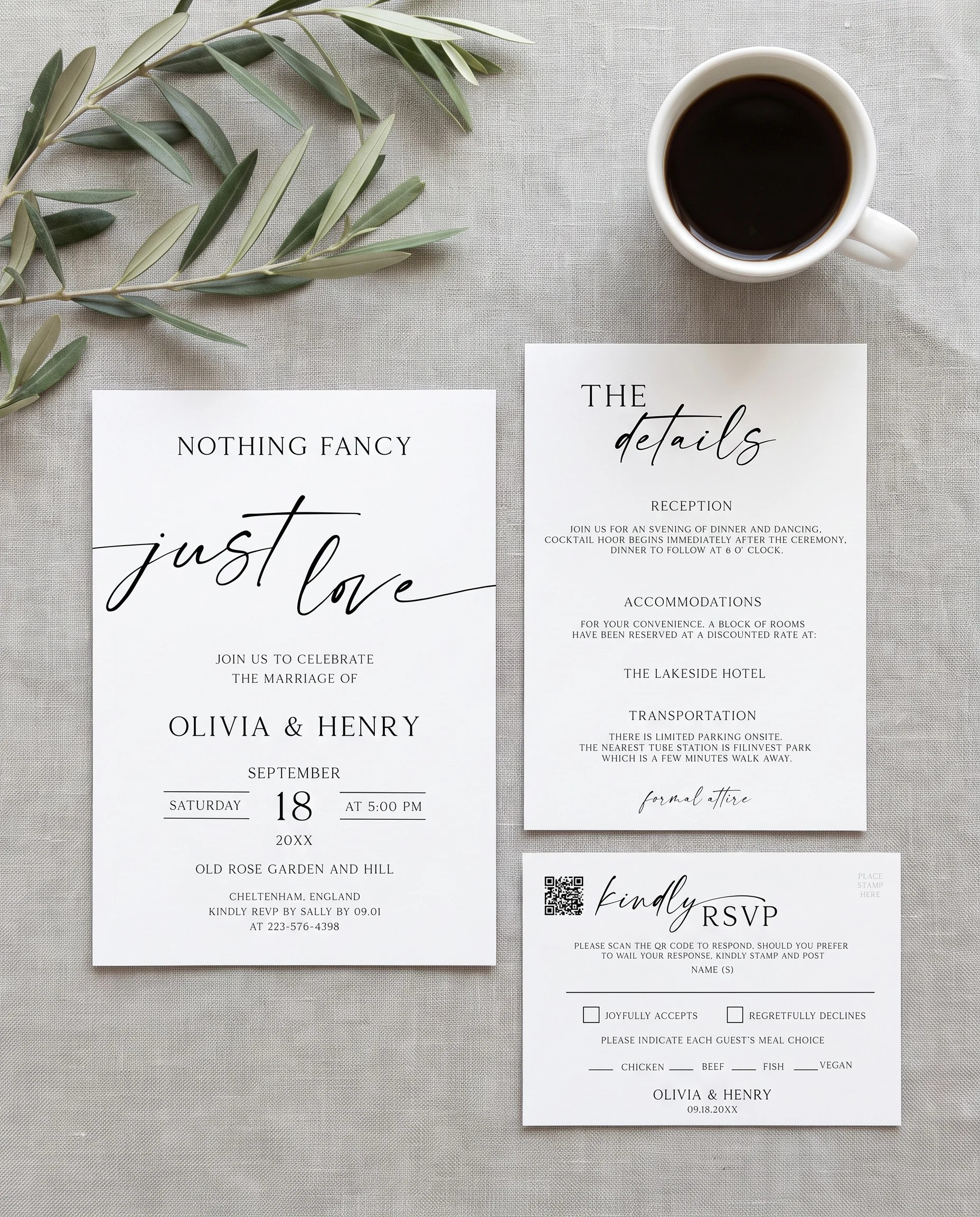 Liminal wedding invitation set — invitation, details card and RSVP shown in a flat lay, printable wedding invitations.