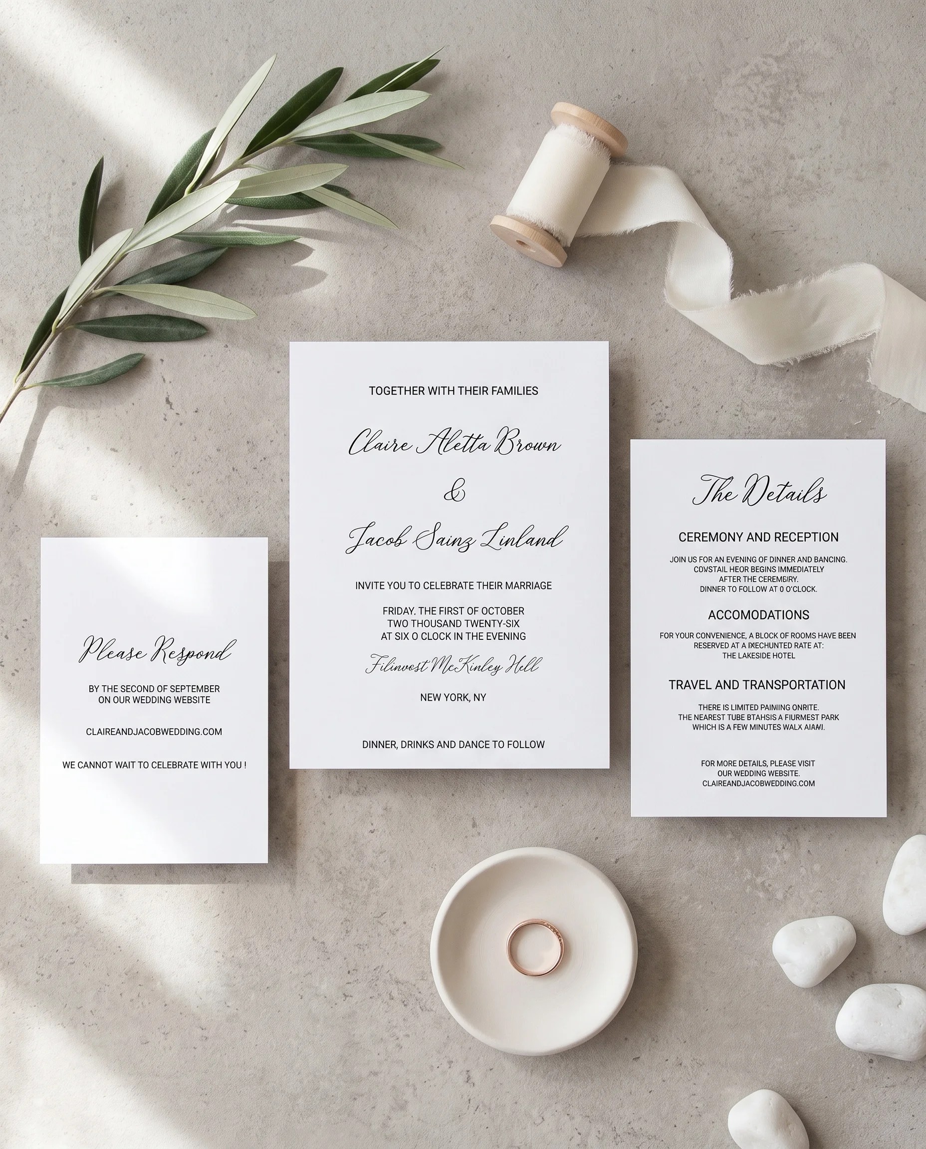 Lyris wedding invitation set — Invitation, details card and RSVP card shown in a flat lay, wedding invitations