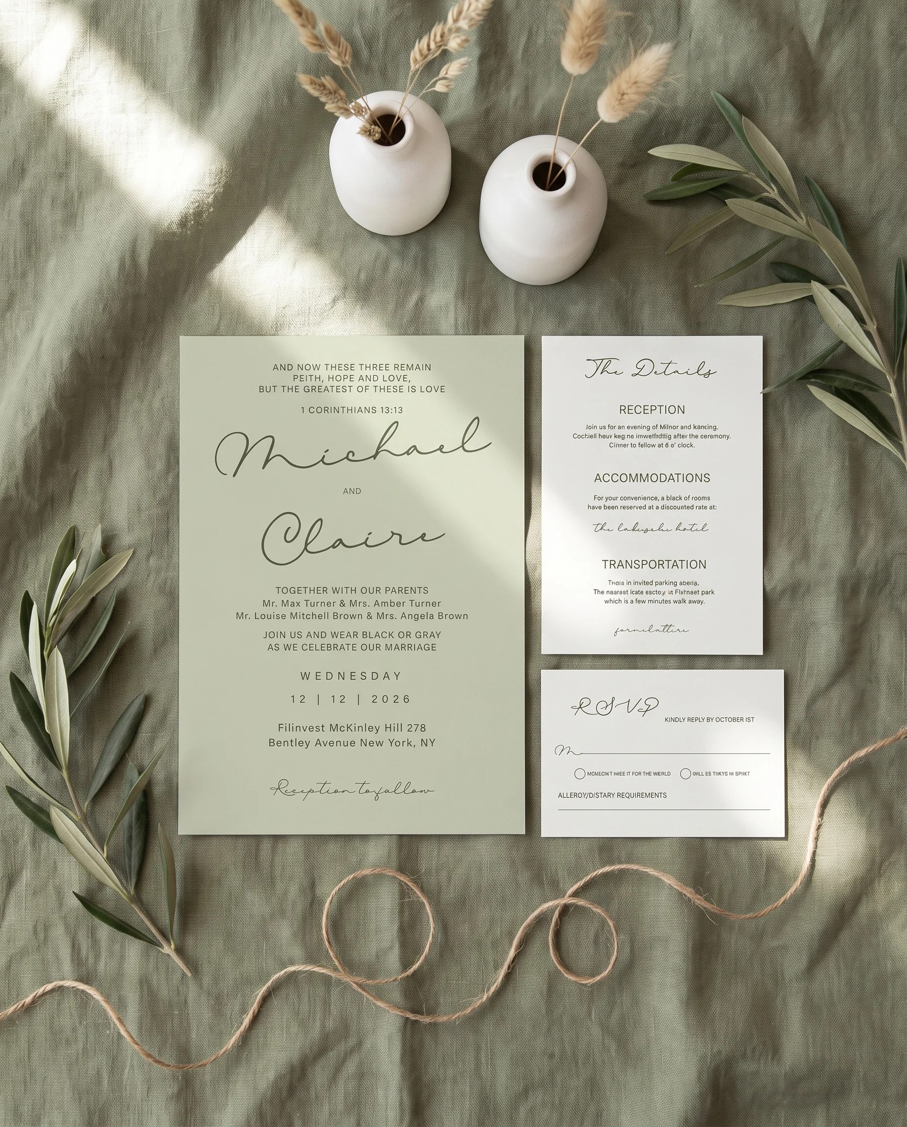 Manor Etching wedding invitation set — invitation, details card and RSVP arranged together in soft natural light, printable wedding invitations.