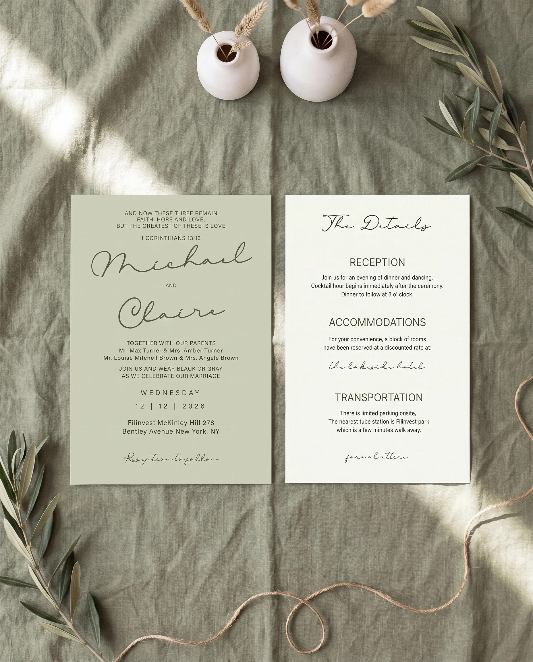 Manor Etching wedding invitation suite — invitation and details card shown in a flat lay, wedding details card.