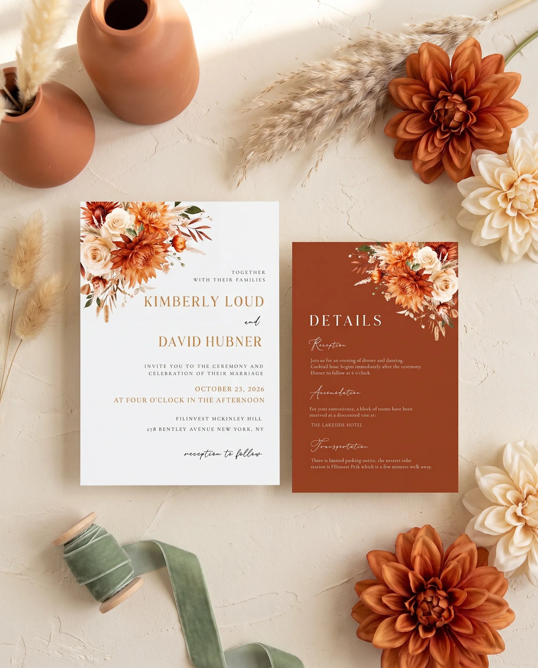 Marigold wedding invitation suite — invitation and details card shown in a flat lay under soft natural light, wedding details card.