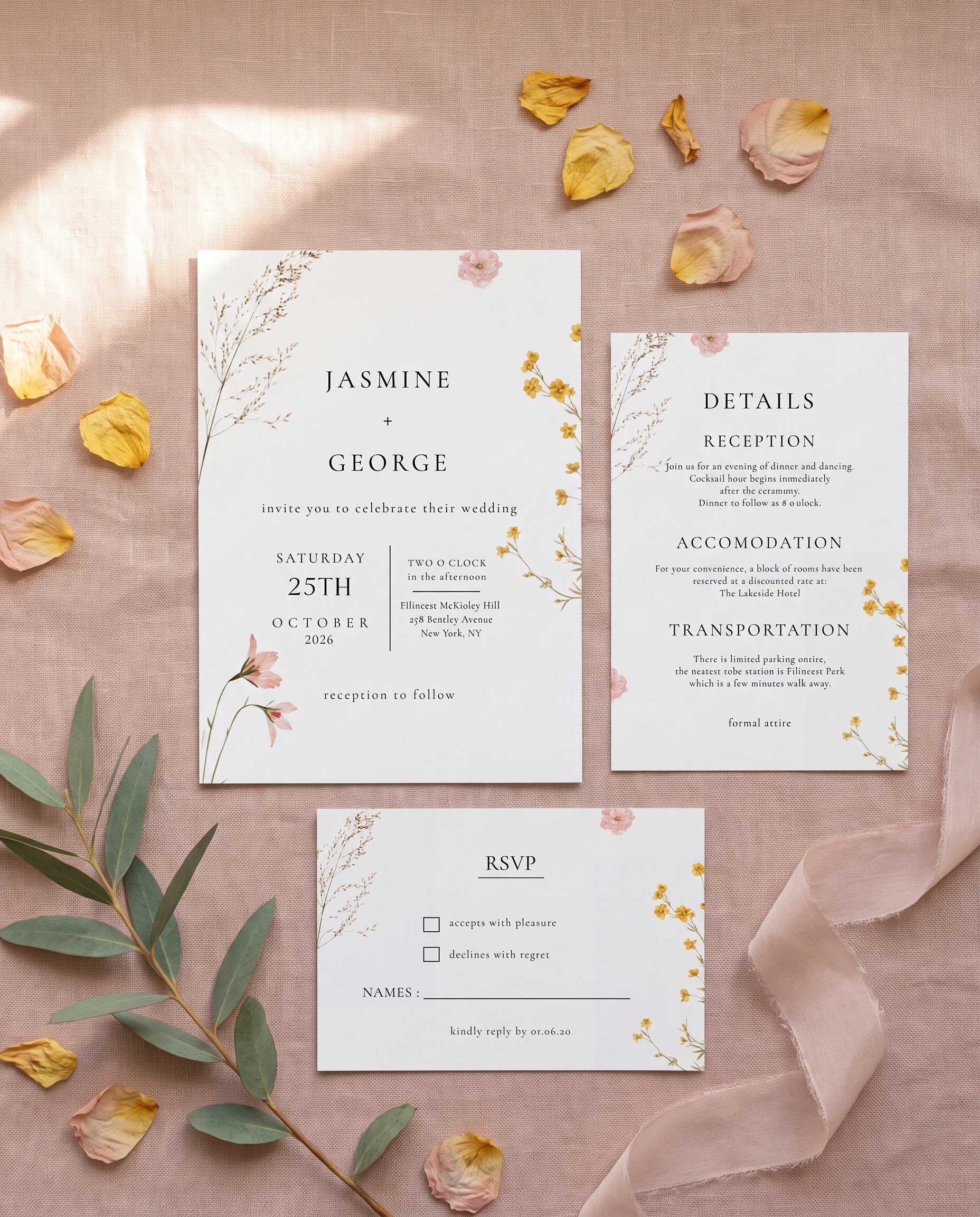 Marigold Petal wedding invitation set — Invitation, details card and RSVP card shown in a flat lay, printable wedding invitations