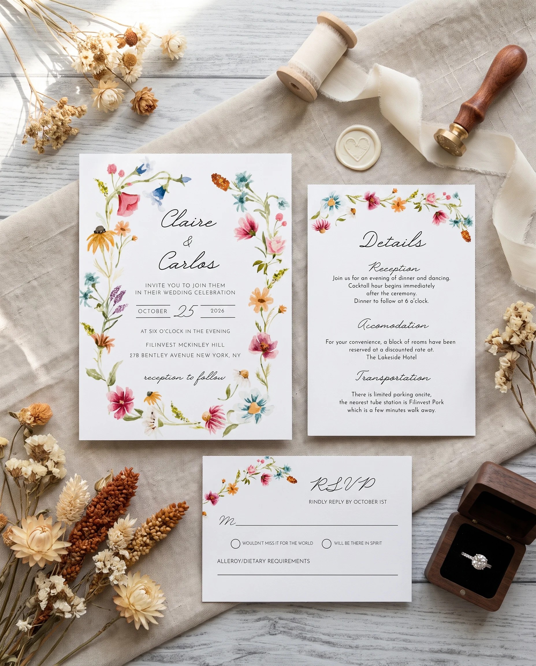 Meadow Ring wedding invitation set — Invitation, details card and RSVP card shown in a flat lay, printable wedding invitations
