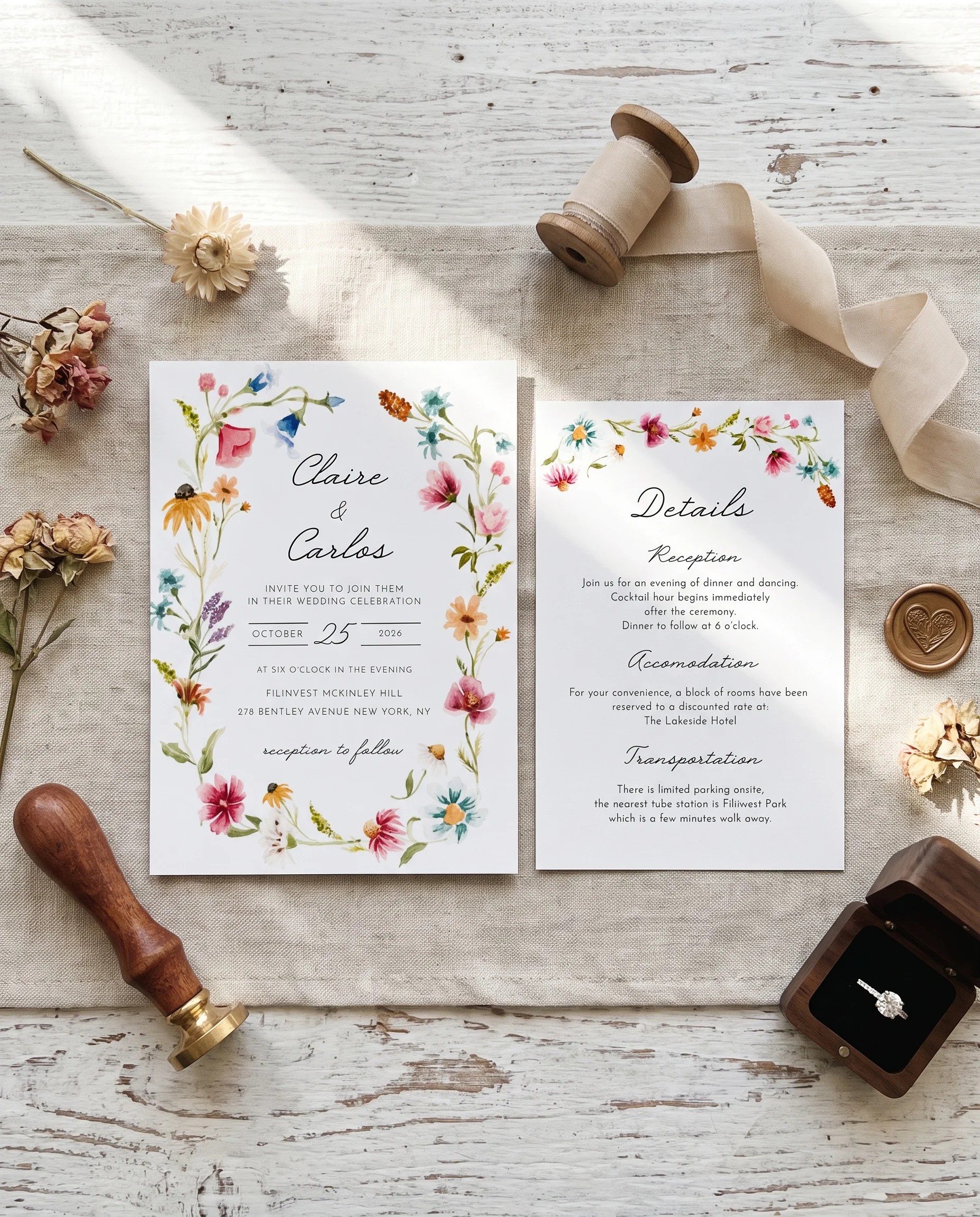 Meadow Ring wedding invitation suite — invitation and details card arranged together in a flat lay under soft natural light, wedding details card.