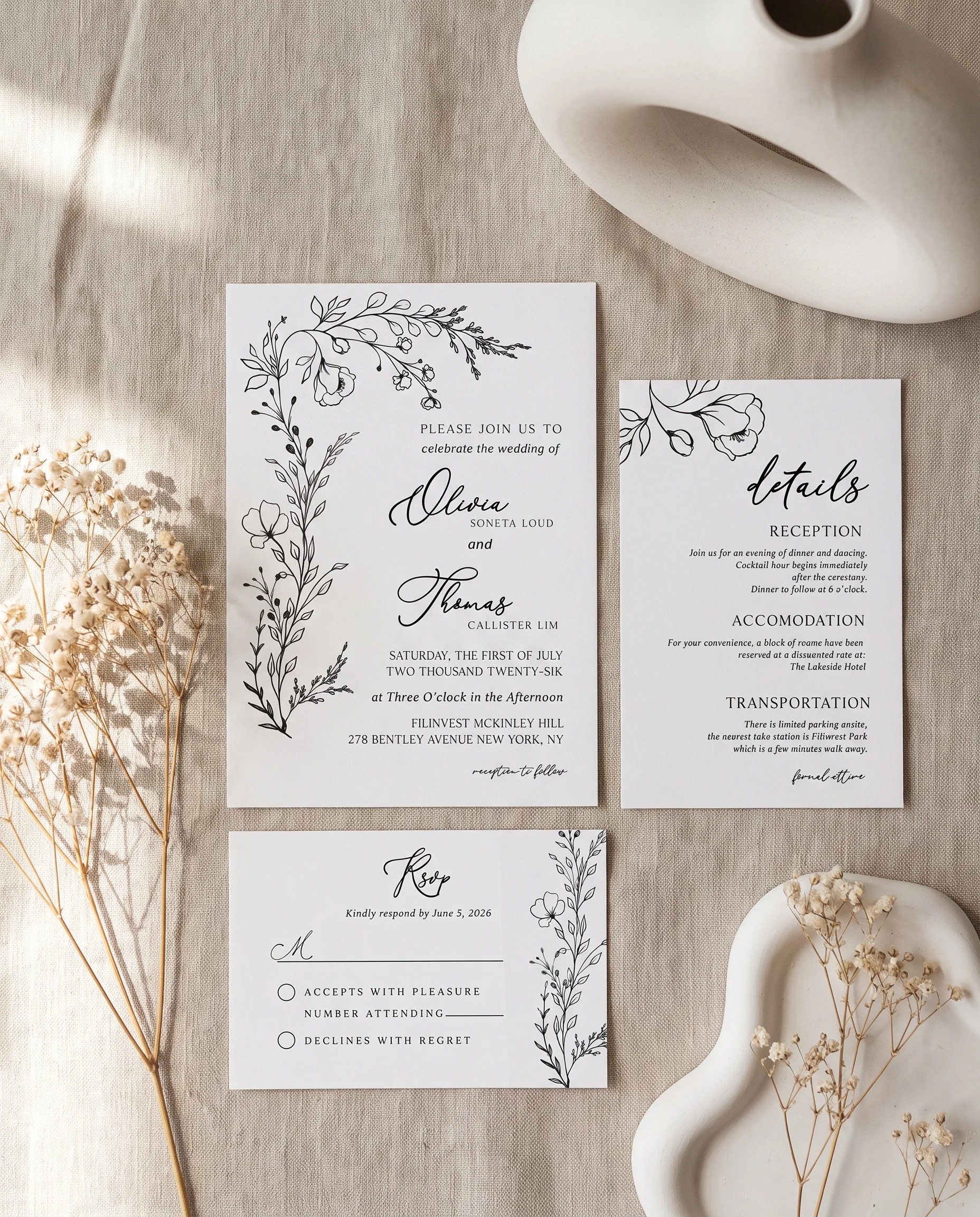 Meadow Sprig wedding invitation set — Invitation, details card and RSVP card shown in a flat lay, printable wedding invitations