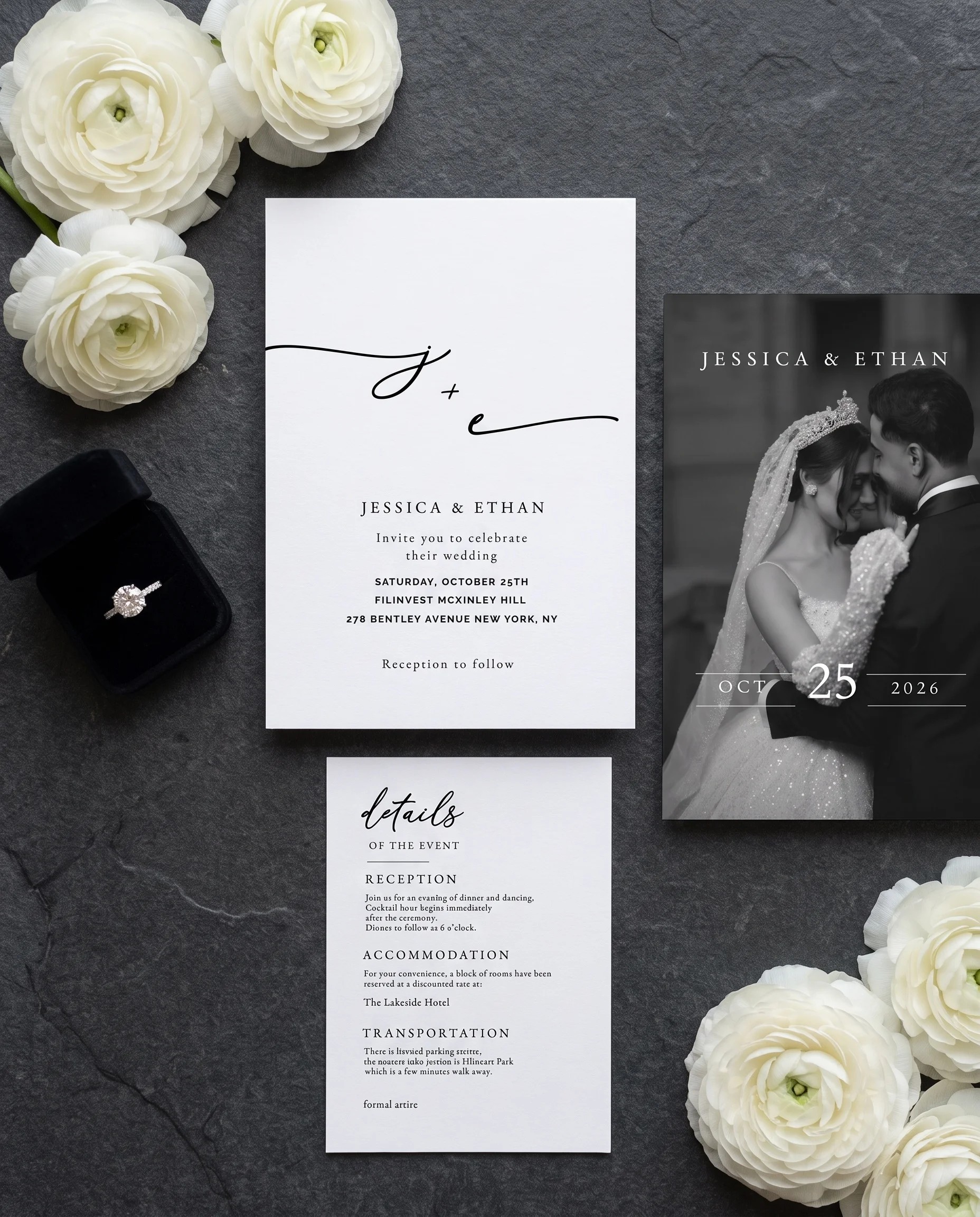 Monochrome Veil wedding invitation suite — invitation and details card arranged in a flat lay under soft natural light, wedding details card