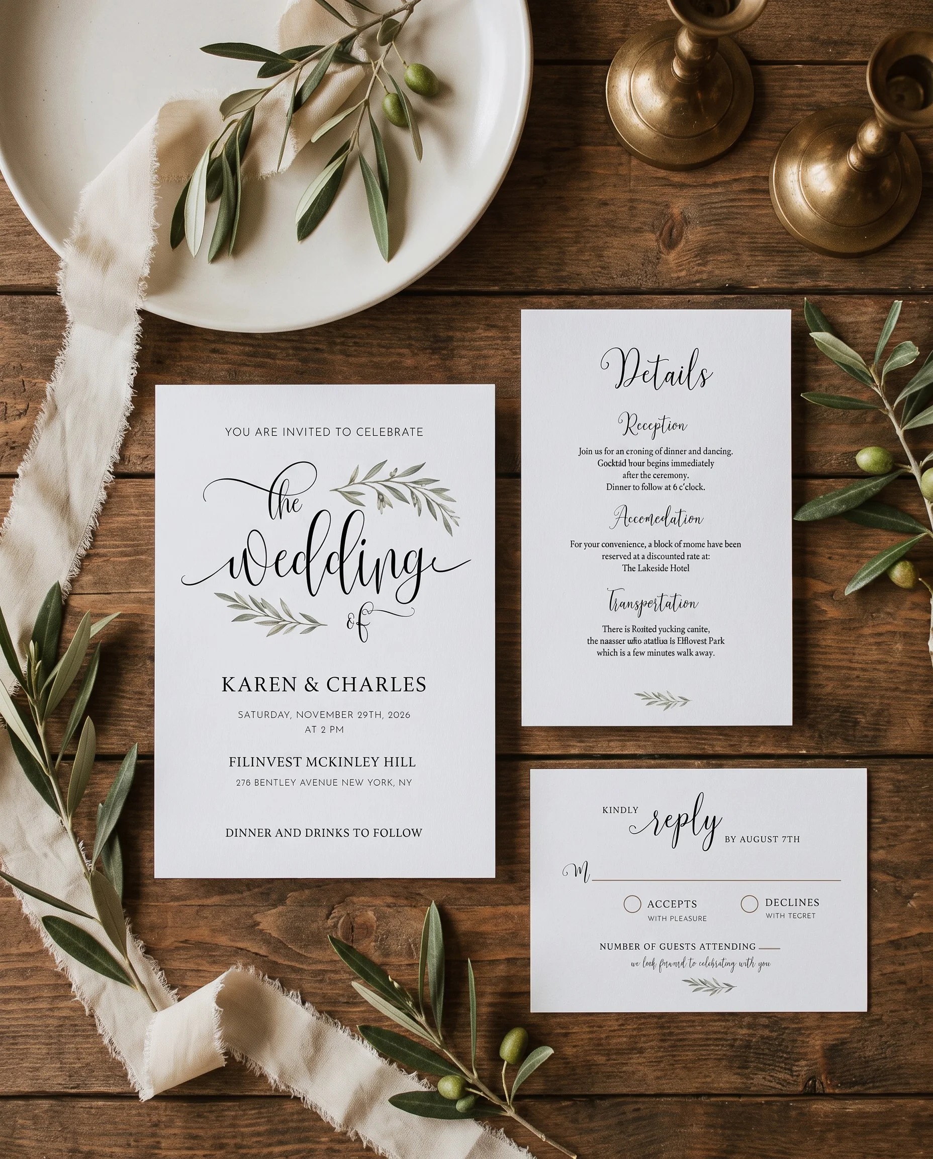 Olive Arc wedding invitation set — Invitation, details card and RSVP card shown in a flat lay, printable wedding invitations