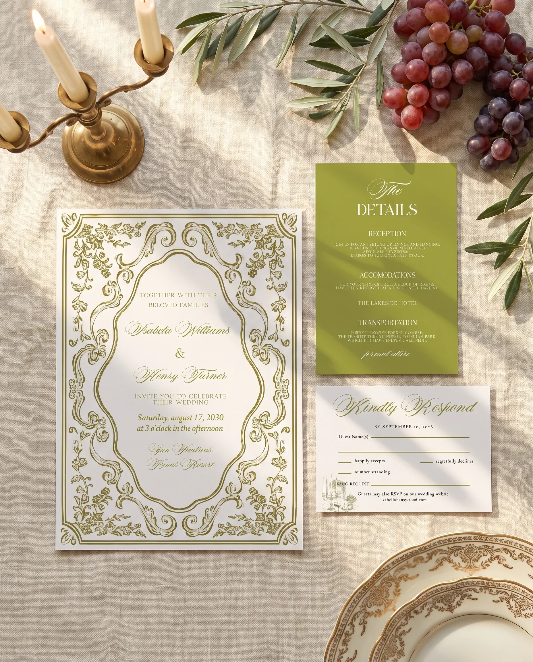 Olive Baroque wedding invitation set — Invitation, details card and RSVP card shown in a flat lay, printable wedding invitations