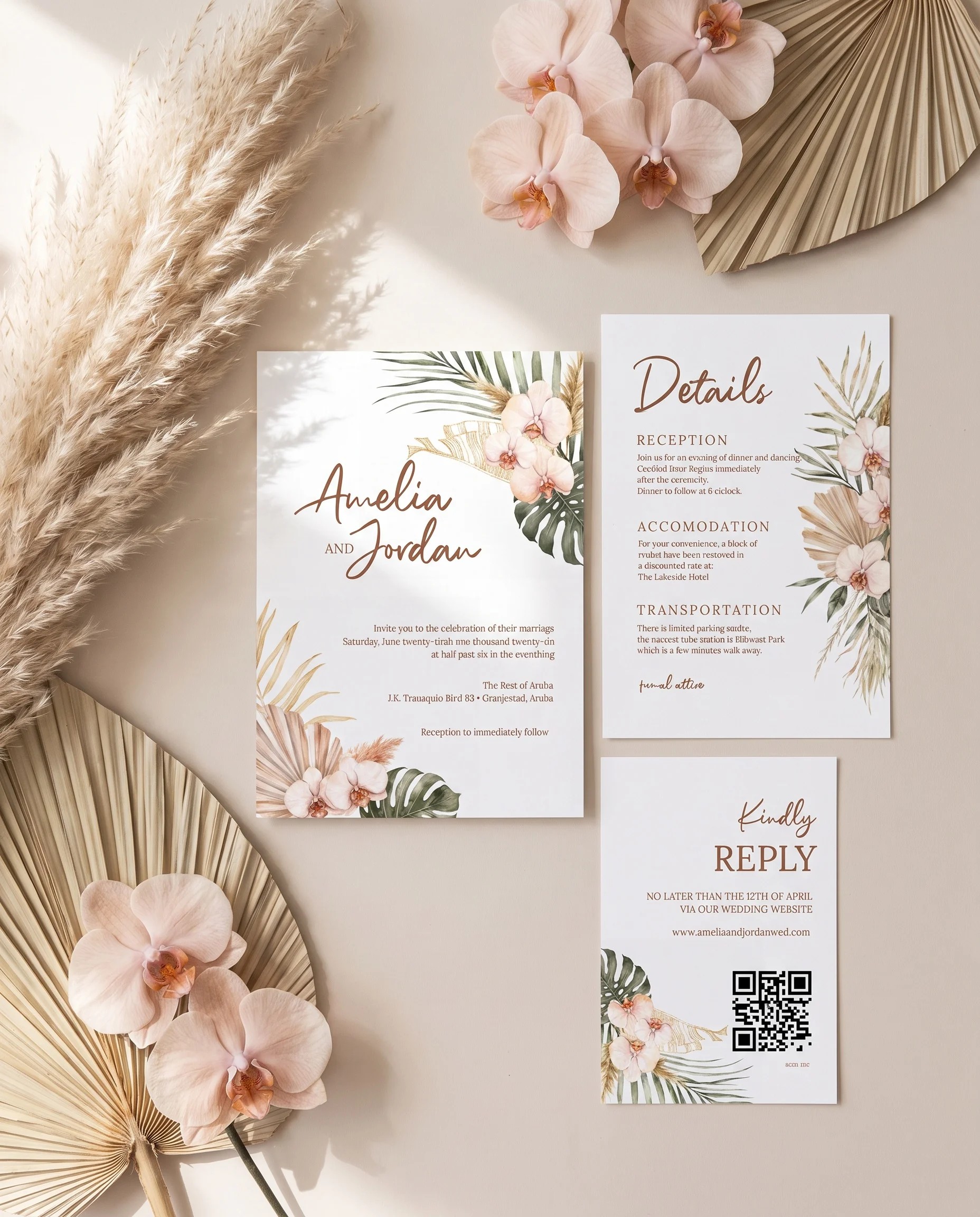 Palm Orchid wedding invitation set — Invitation, details card and RSVP card shown in a flat lay, printable wedding invitations