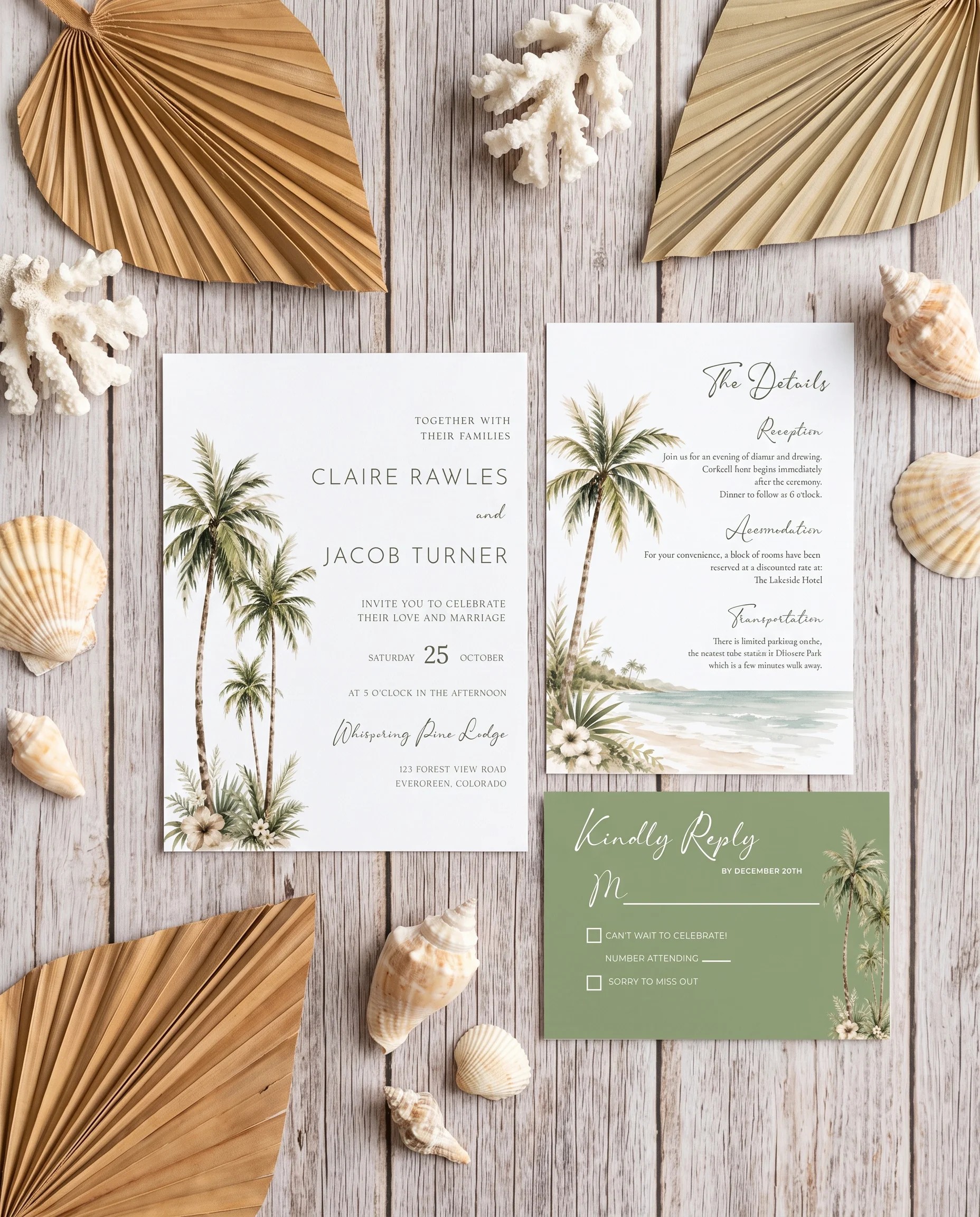 Palmetto Shore wedding invitation set — invitation, details card and RSVP shown in a flat lay, printable wedding invitations.