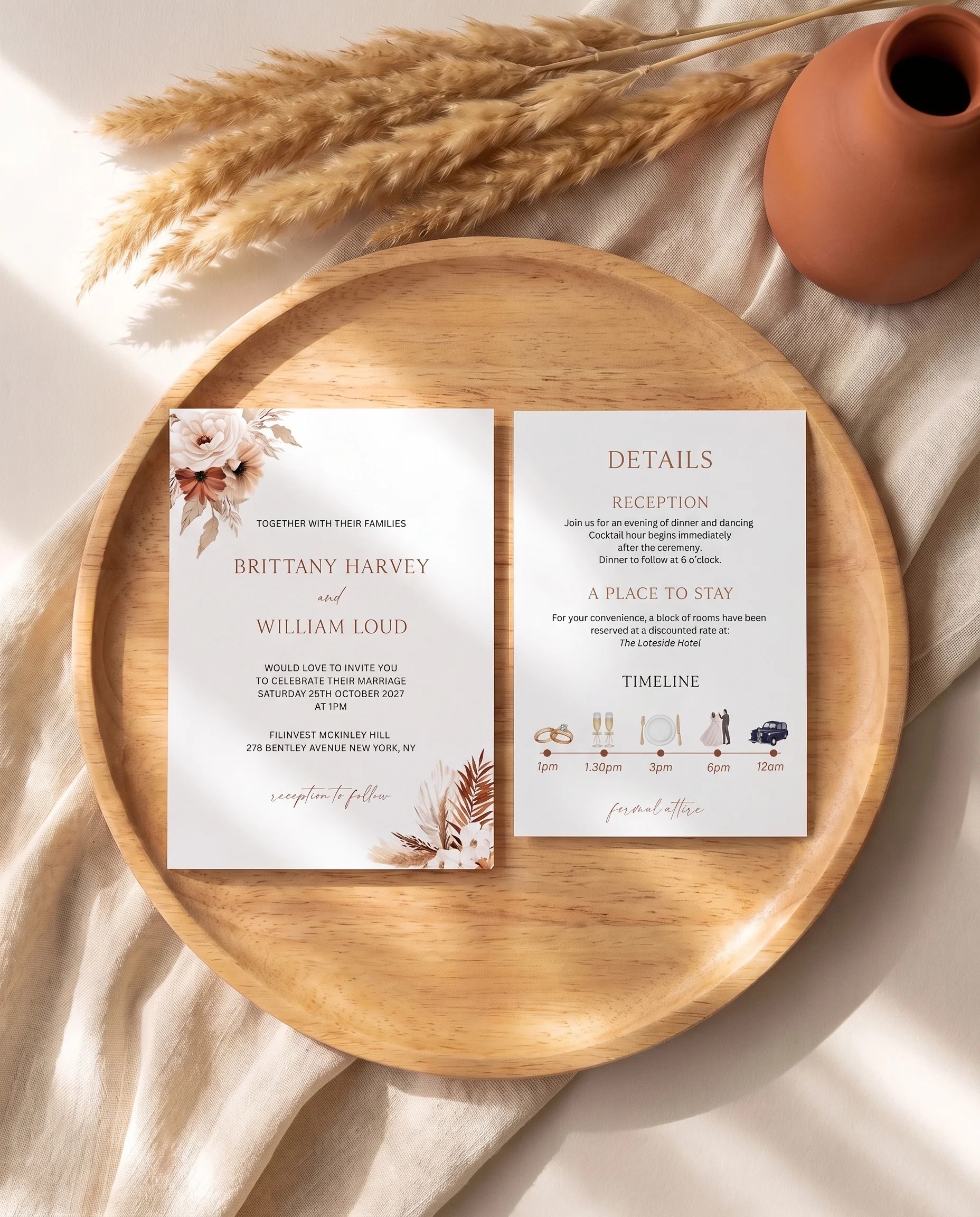 Pampas Bloom wedding invitation suite — invitation and details card shown in a flat lay under soft natural light, wedding details card.