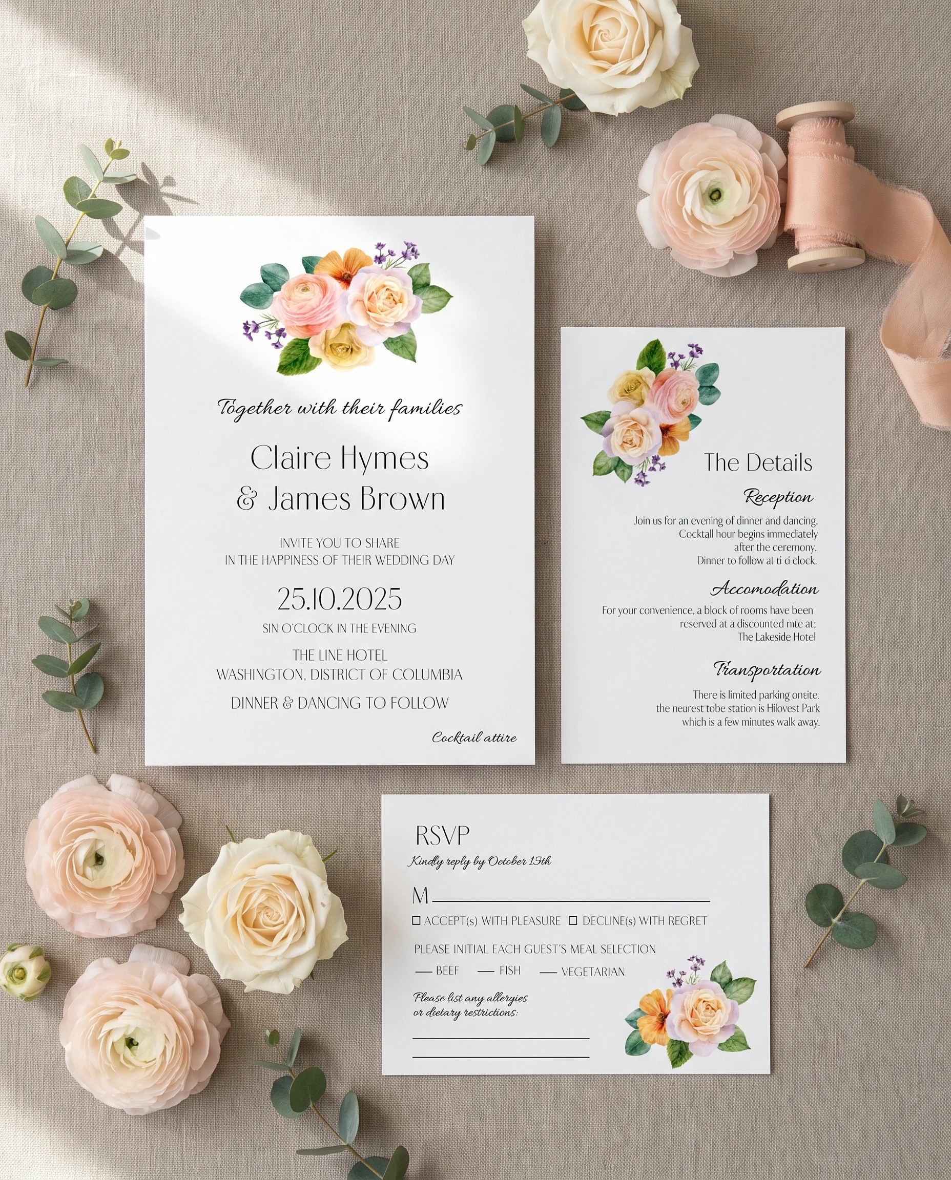 Petal Glade wedding invitation set — Invitation, details card and RSVP card shown in a flat lay, printable wedding invitations