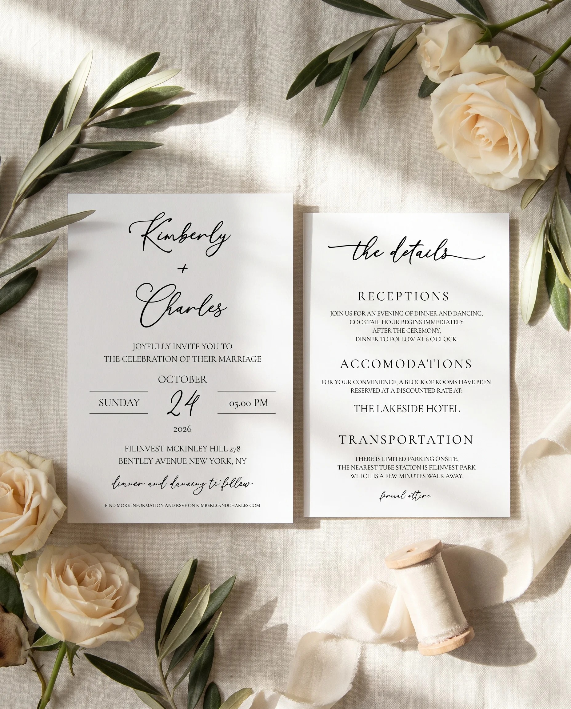 Quiet Line wedding invitation suite — invitation and details card arranged in a flat lay on premium paper, wedding details card.