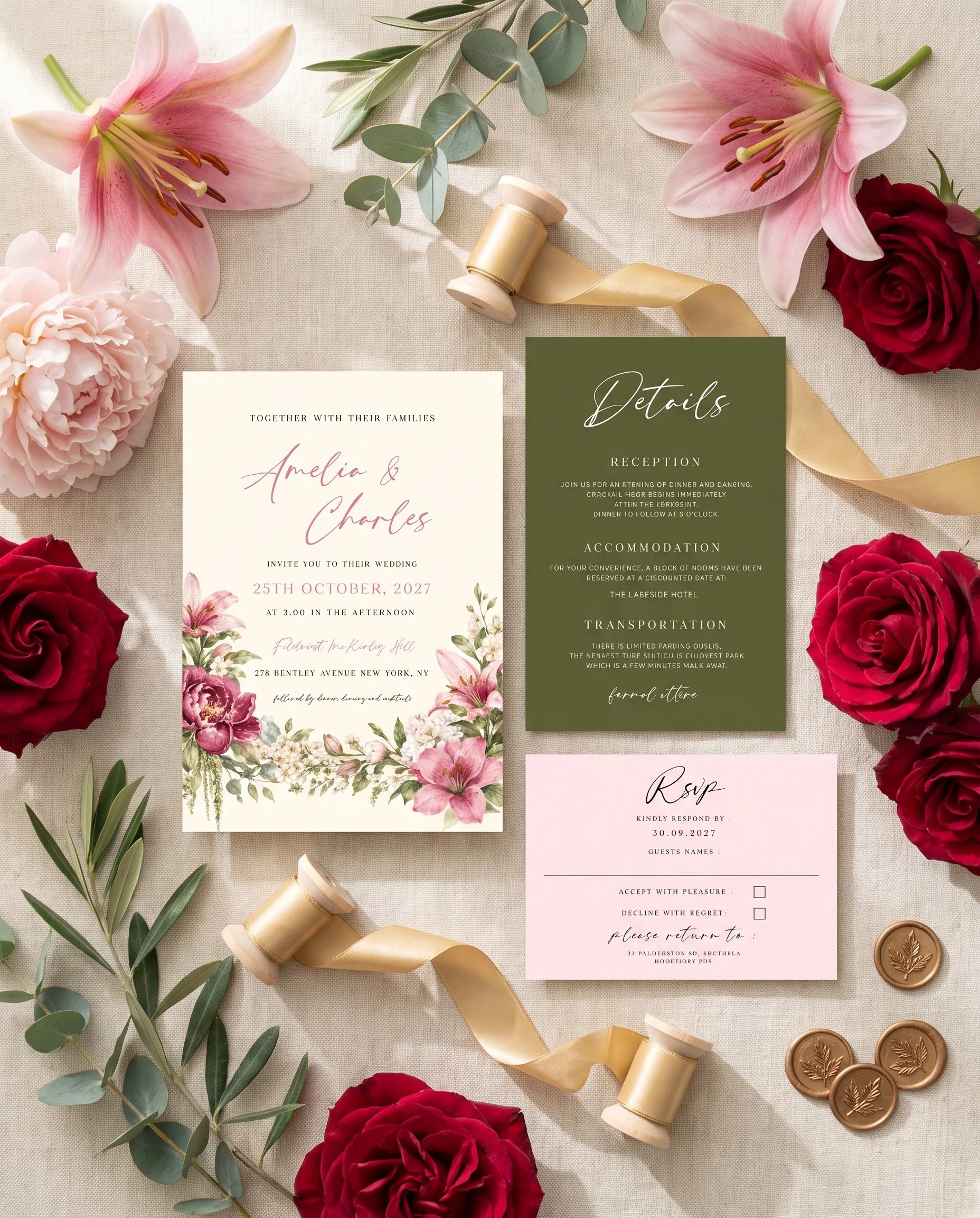 Rosevale wedding invitation set — Invitation, details card and RSVP card shown in a flat lay, printable wedding invitations