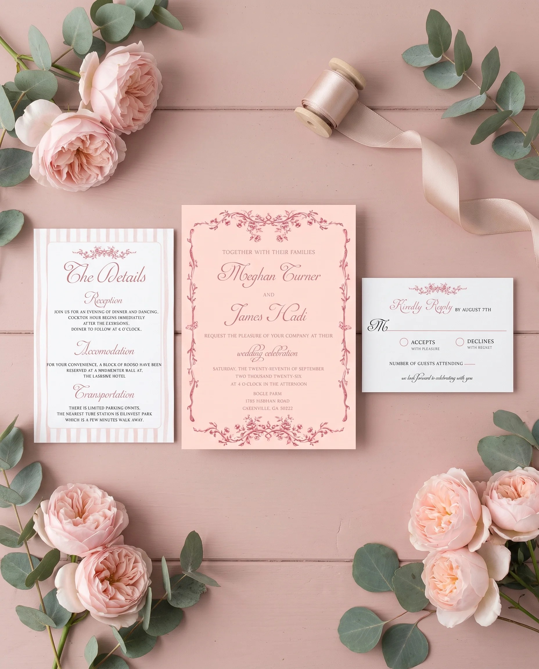Rosewood Trellis wedding invitation set — Invitation, details card and RSVP card shown in a flat lay, printable wedding invitations